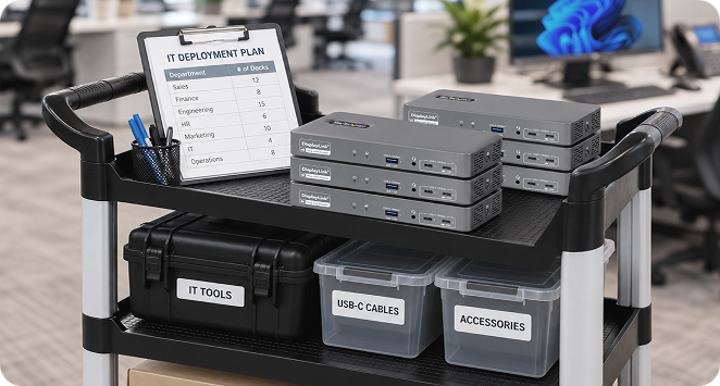 Work cart with docking stations and deployment checklist