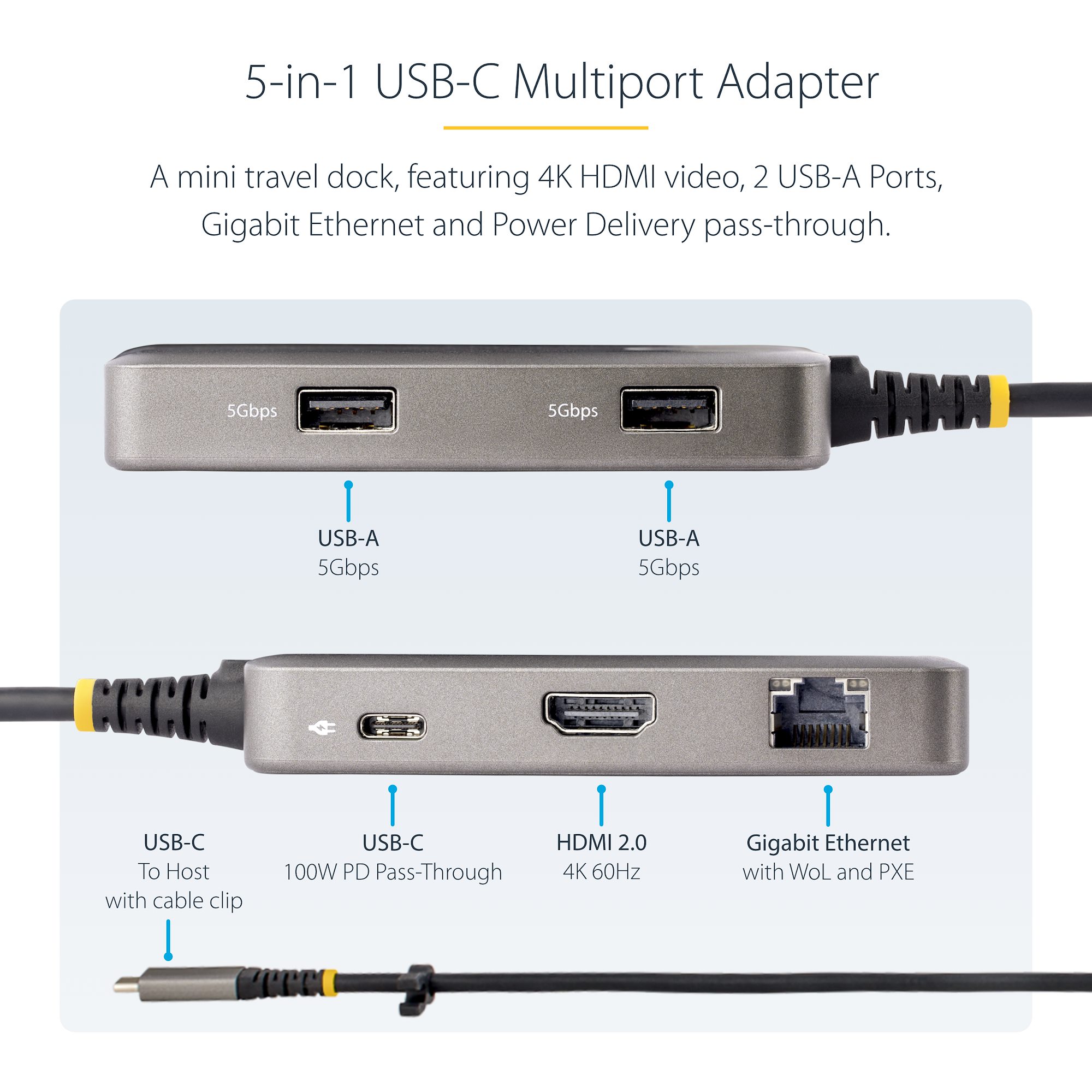 USB-C Multiport Adapter, 4K 60Hz HDMI, HDR - 2-Port 5Gbps USB 3.0 Hub, 100W  Power Delivery Pass-Through, GbE, USB Type C Mini Docking Station
