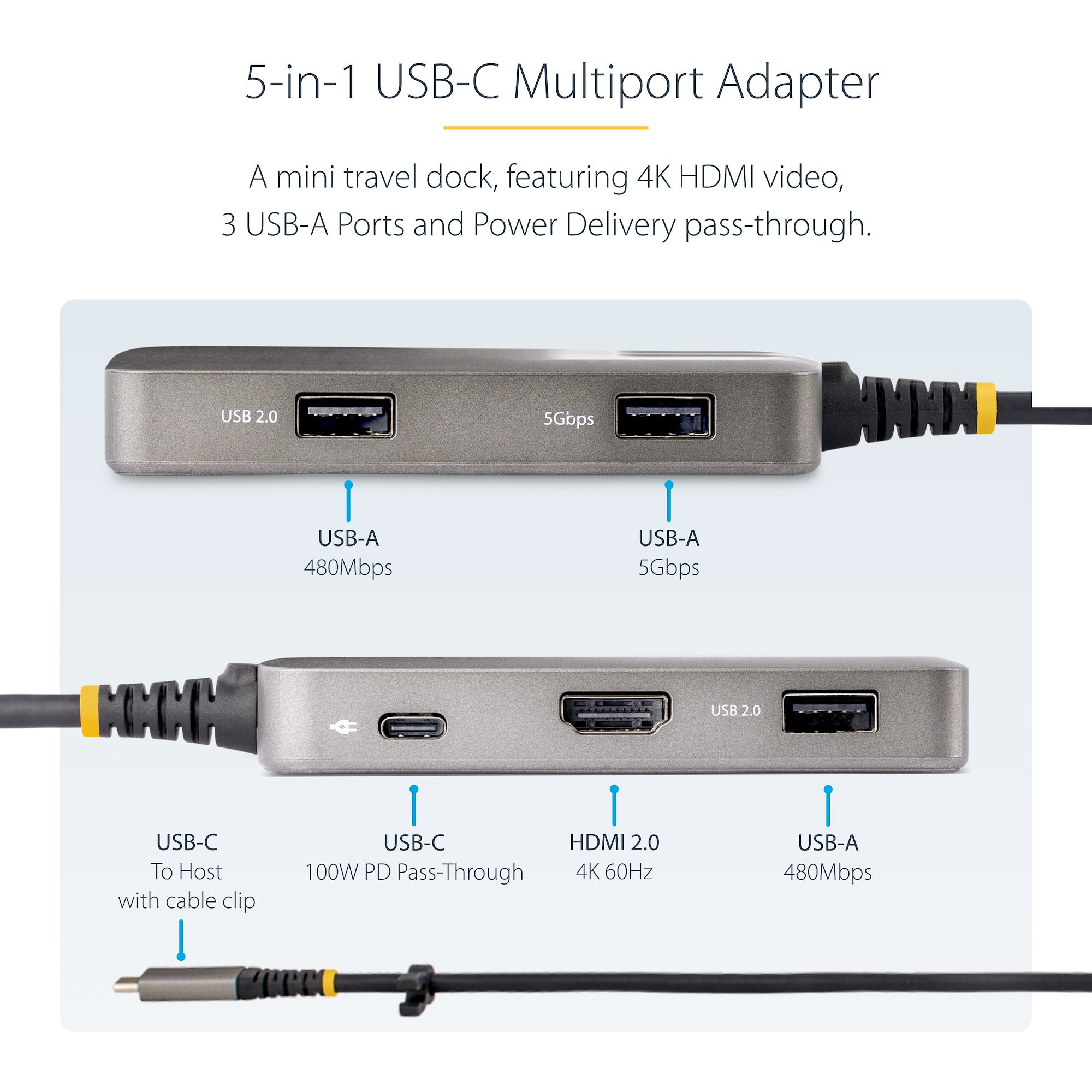 USB-C Multiport Adapter, 4K 60Hz HDMI w/HDR, 3-Port USB Hub, 100W Power  Delivery Pass-Through, USB Type C Mini Docking Station,