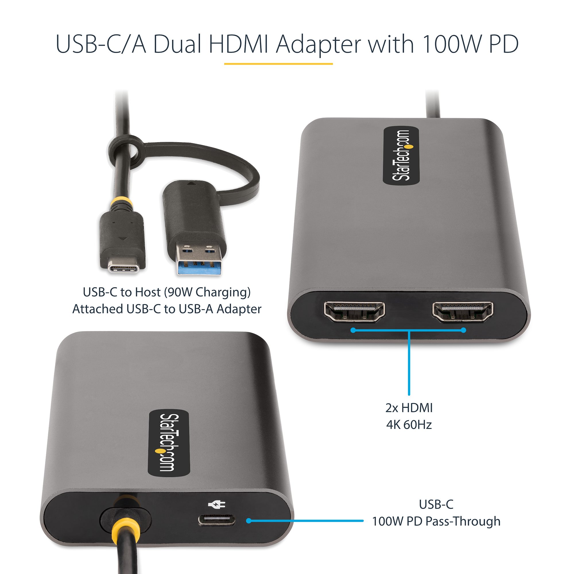 StarTech.com USB-C to Dual HDMI Adapter, USB Type-C Multi-Monitor MST Hub,  Dual 4K 30Hz/1080p 60Hz HDMI Laptop Display Extender / Splitter, Extra-Long