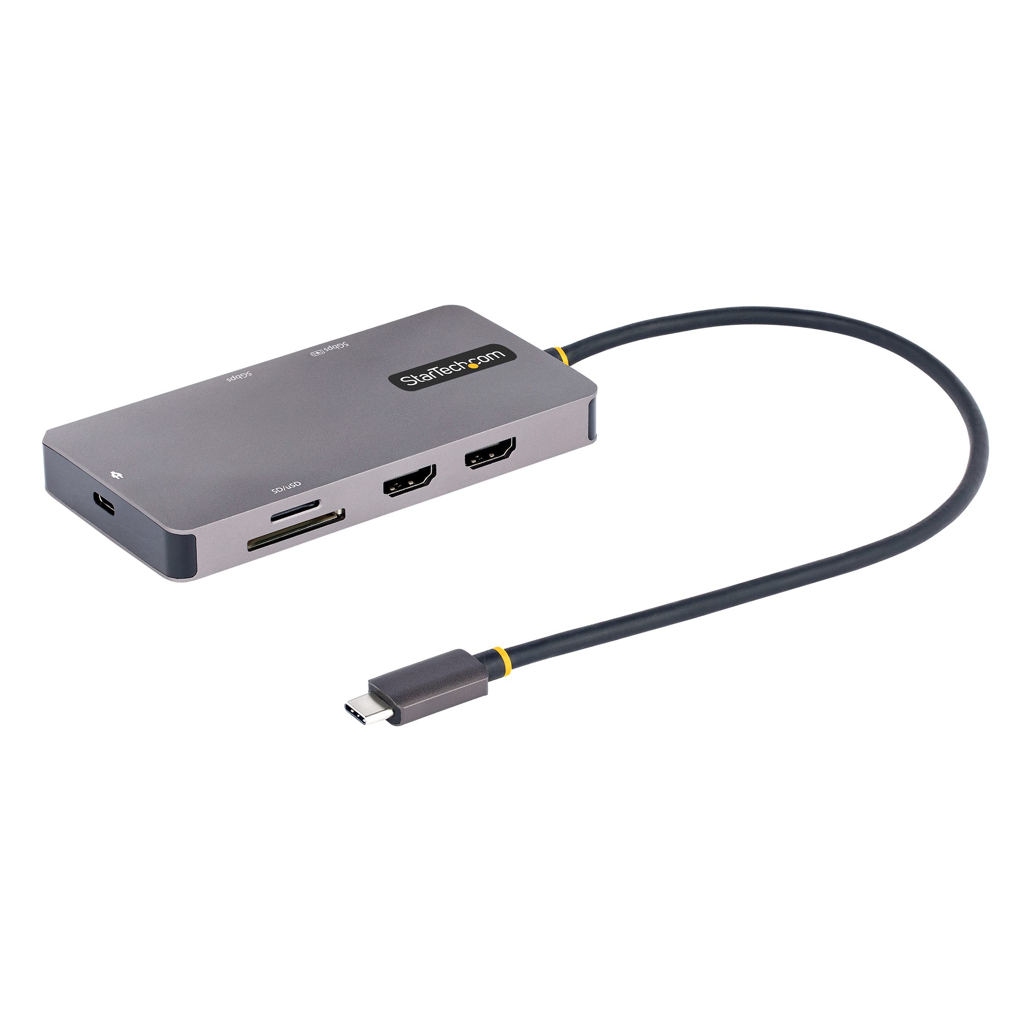 USB C-multiportadapter, dubbel HDMI-video, 4K 60 Hz, 2Pt 5 Gbps USB-A  -hubb, 100 W strömförsörjning, GbE, SD/MicroSD, 30 cm kabel, resedocka