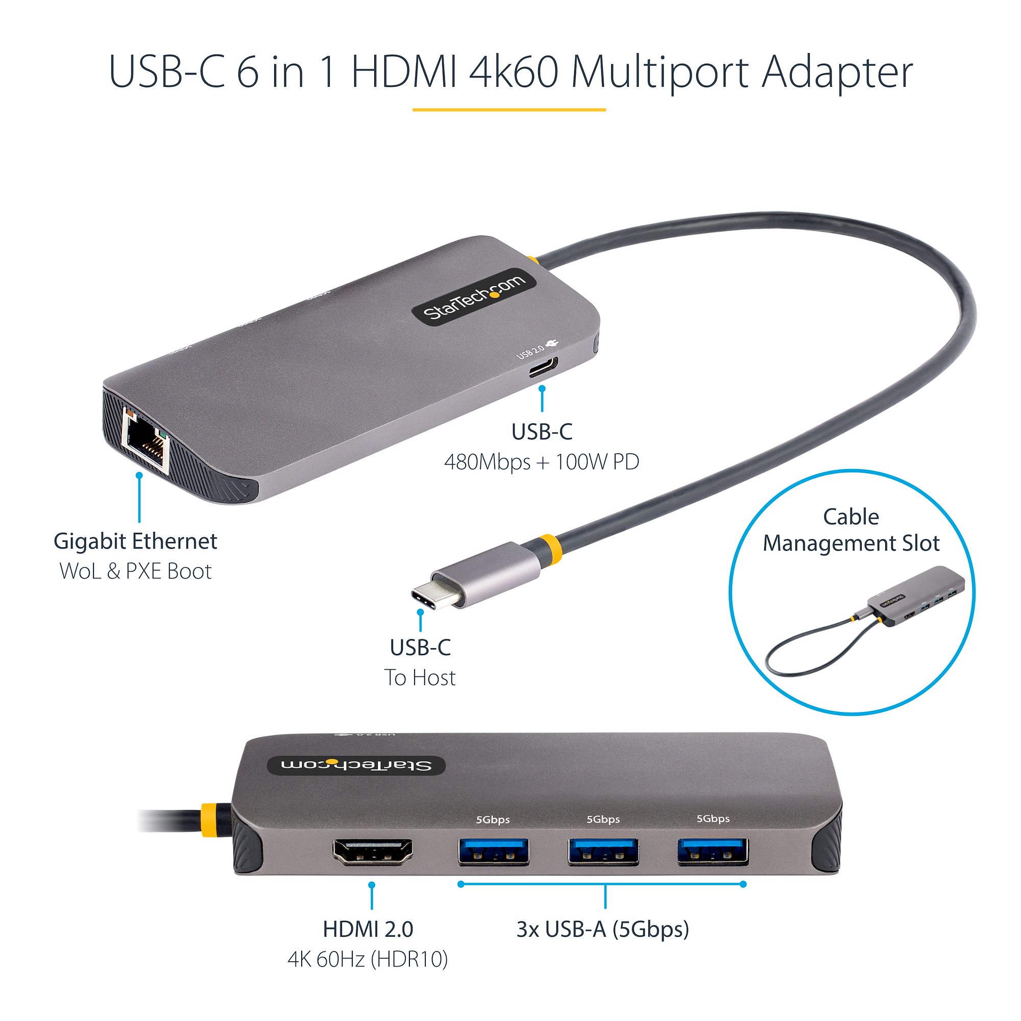 StarTech.com Adaptateur Multiport USB-C - USB Type C vers HDMI 4K,  Alimentation 100W Passthrough, SD/MicroSD, Hub USB 3 Ports US