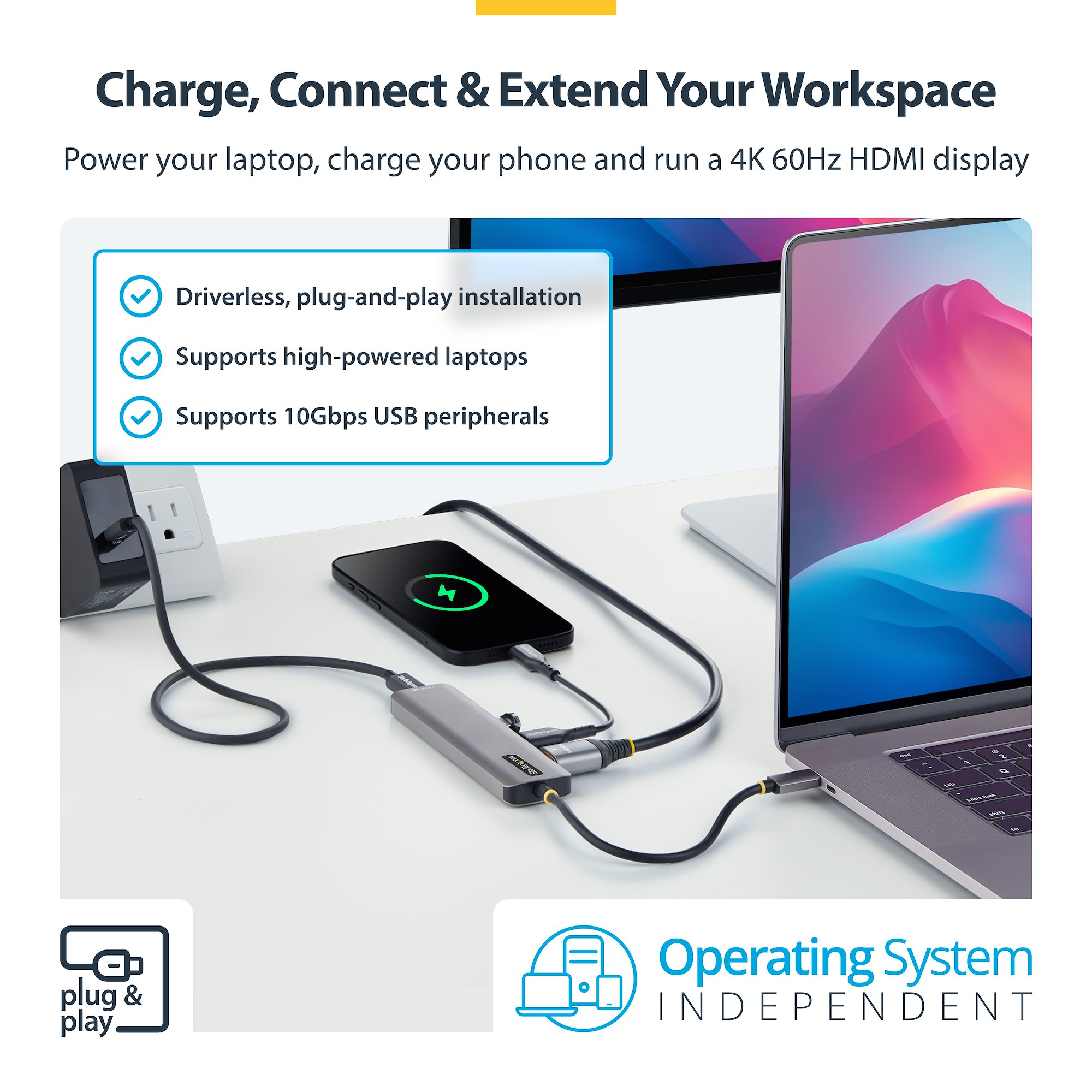 Turn a USB-C laptop into a workstation with 4K 60Hz HDMI, three