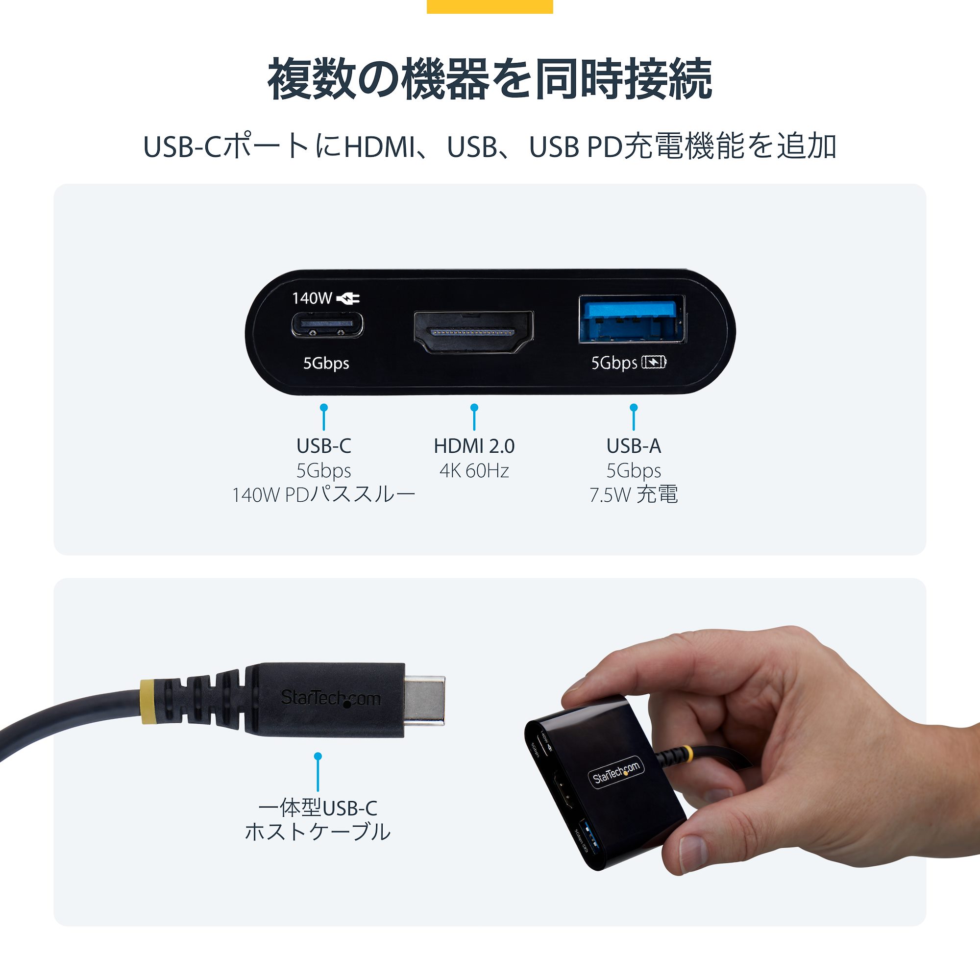 ブラック。4K60Hz HDMIディスプレイ接続、USB-A 5Gbps、USB-C 5Gbps