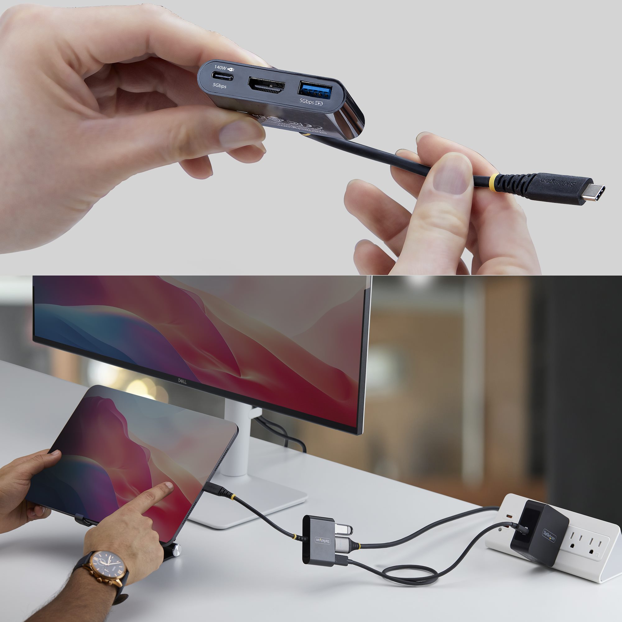ブラック。4K60Hz HDMIディスプレイ接続、USB-A 5Gbps、USB-C 5Gbps
