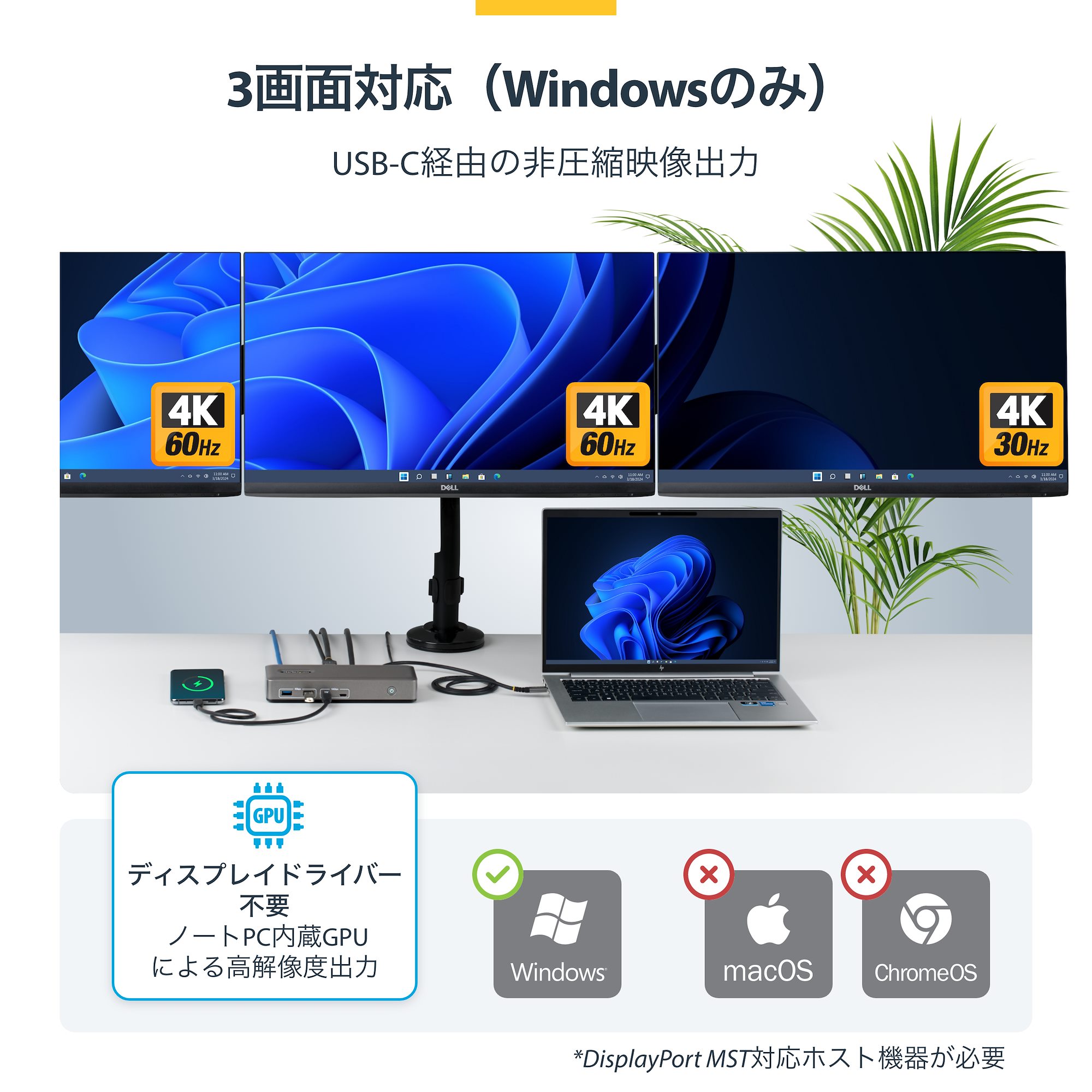 pcドッキングモニター DisplayPort＋HDMIによるマルチモニター映像出力と、USB‑A／USB‑C