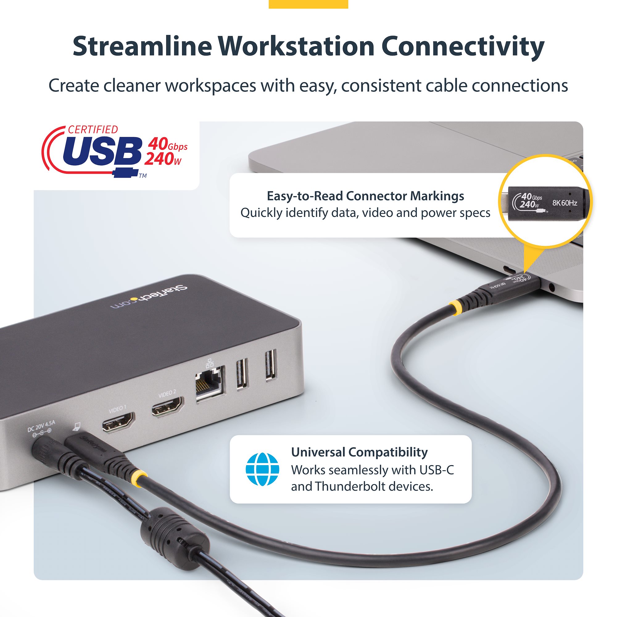 3ft (1m) USB4 Cable 40Gbps, 240W (5A) Power Delivery, 8K 120Hz 3ft (1m) USB4 Cable 40Gbps, 240W (5A) Power Delivery, 8K 120Hz