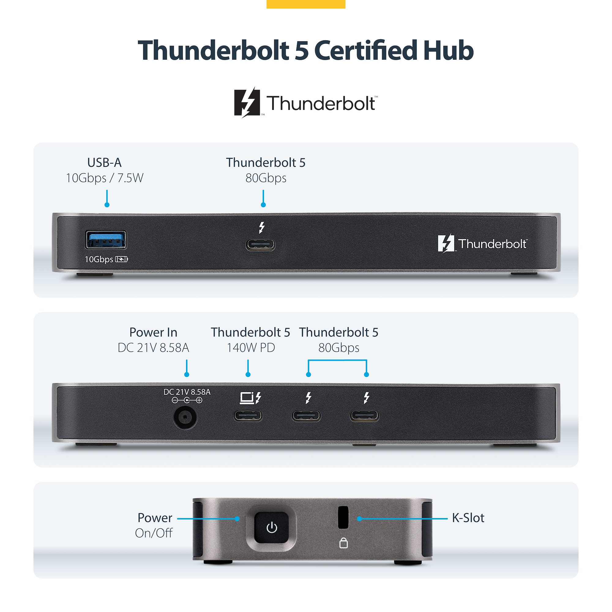 Thunderbolt™ 5 hub with three TB5 downstream ports for triple 8K
