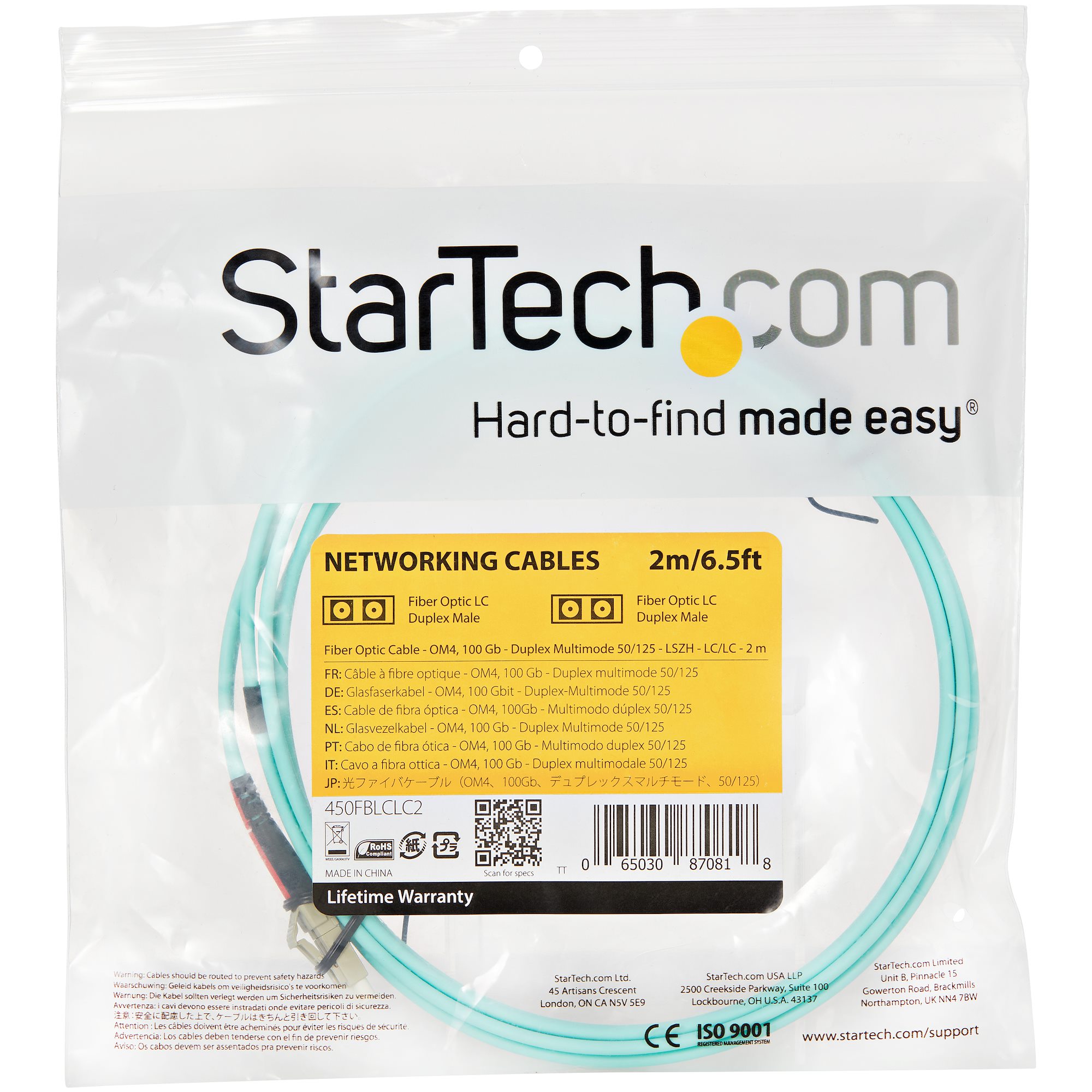 StarTech.COM Câble Fibre Optique Duplex multimode LC vers LC de 10 m Aqua 450FBLCLC15 Cordon/jarretière FO OM4 de 10 mètres 50/125