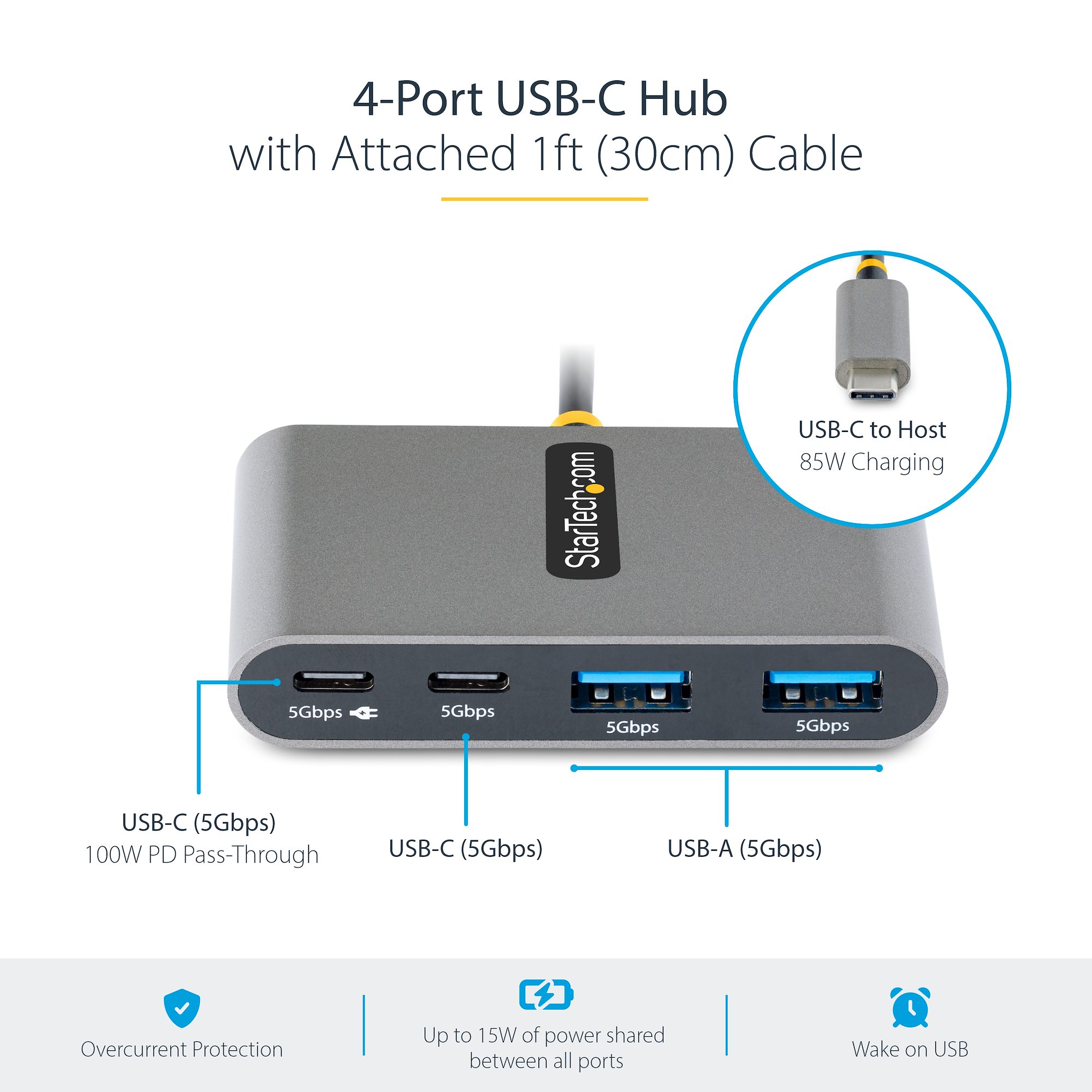 StarTech.com Hub USB-C de 4 Puertos 5Gbps PD de 100W - Ladrón USB