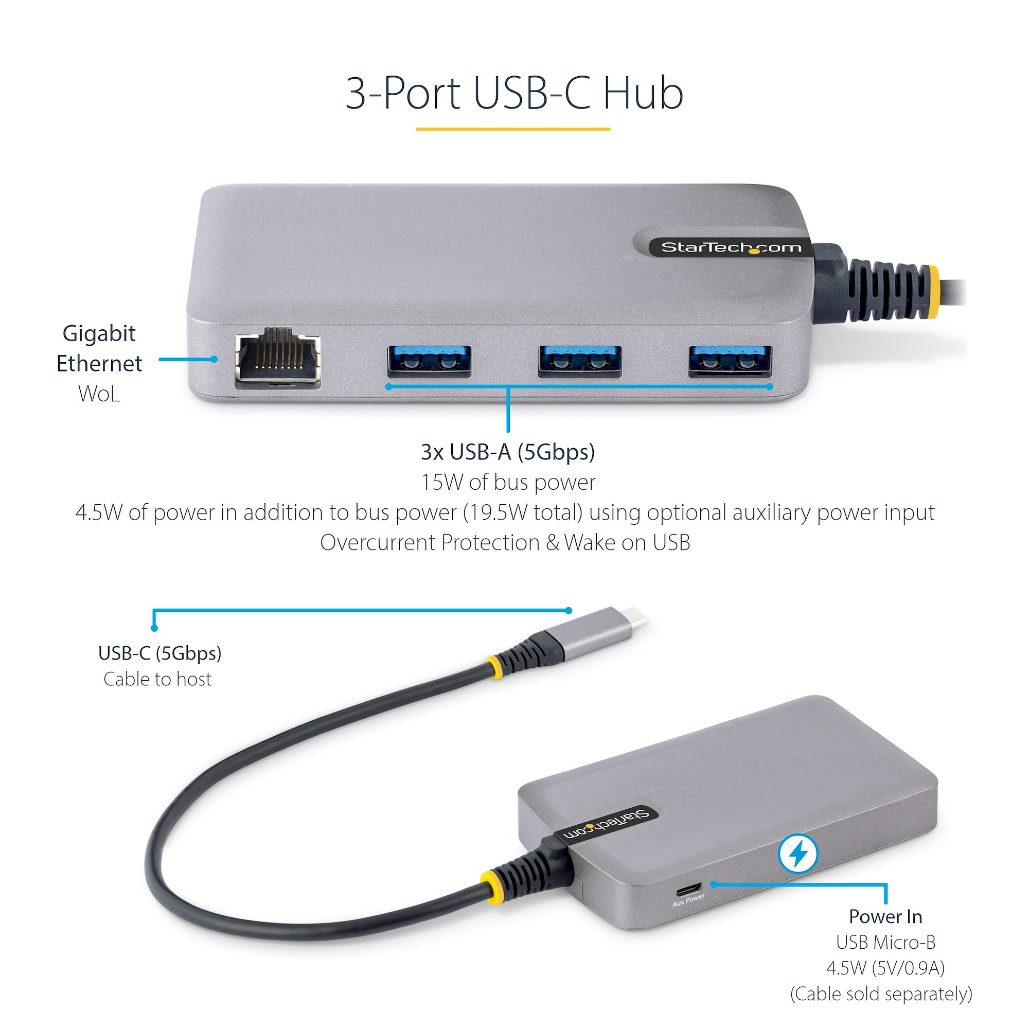 Hub USB 3.0 - Dock 4 Ports SuperSpeed 5Gbps avec Charge Rapide USB 3.2 Gen  1 Type-A pour PC Fixe/Portable - Alimentation par Bus USB ou Auto-Alimenté