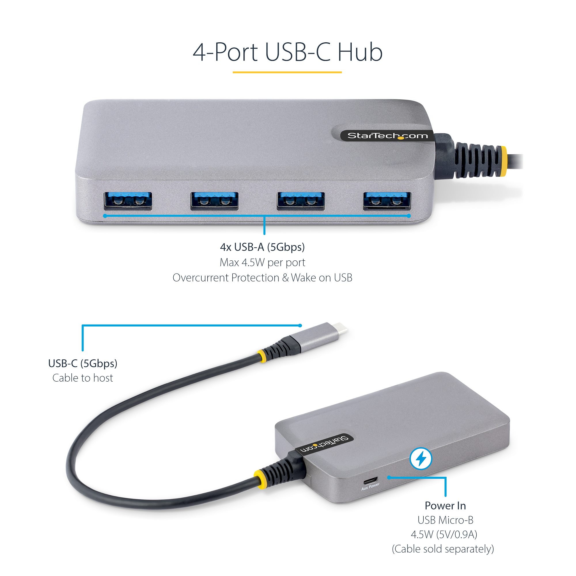 USB-C-hubb med 4 portar - 5 Gbps - bussdriven - USB C till 4x USB-A-hubb  med valfri extra strömförsörjning - Bärbar USB-hubb för stationär/bärbär