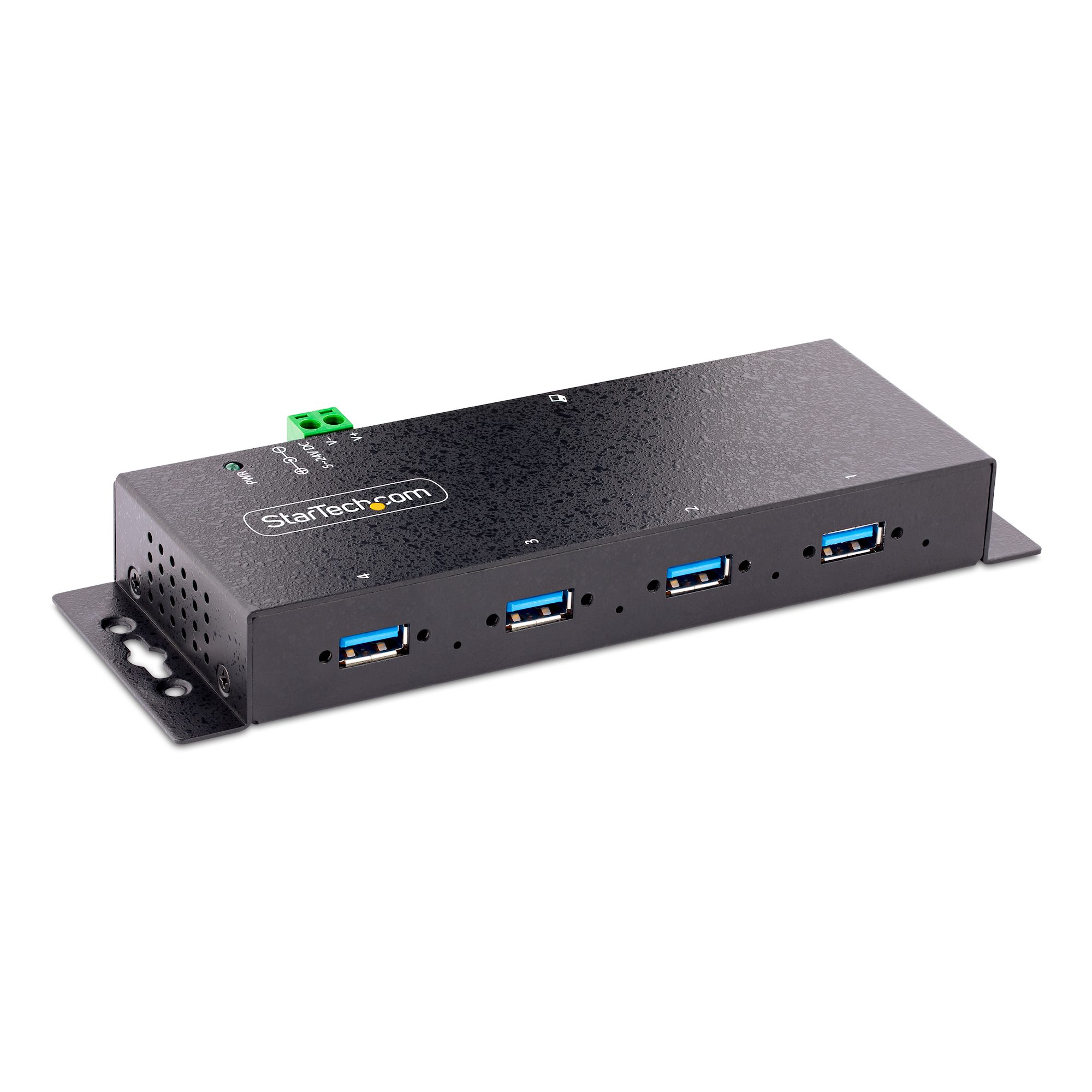 Industriell USB 3.0 5 Gbps-hubb med 4 portar. Robust USB-hubb med ESD- och  överspänningsskydd. DIN-, vägg- eller skrivbordsmonterbar USB-A-hubb.