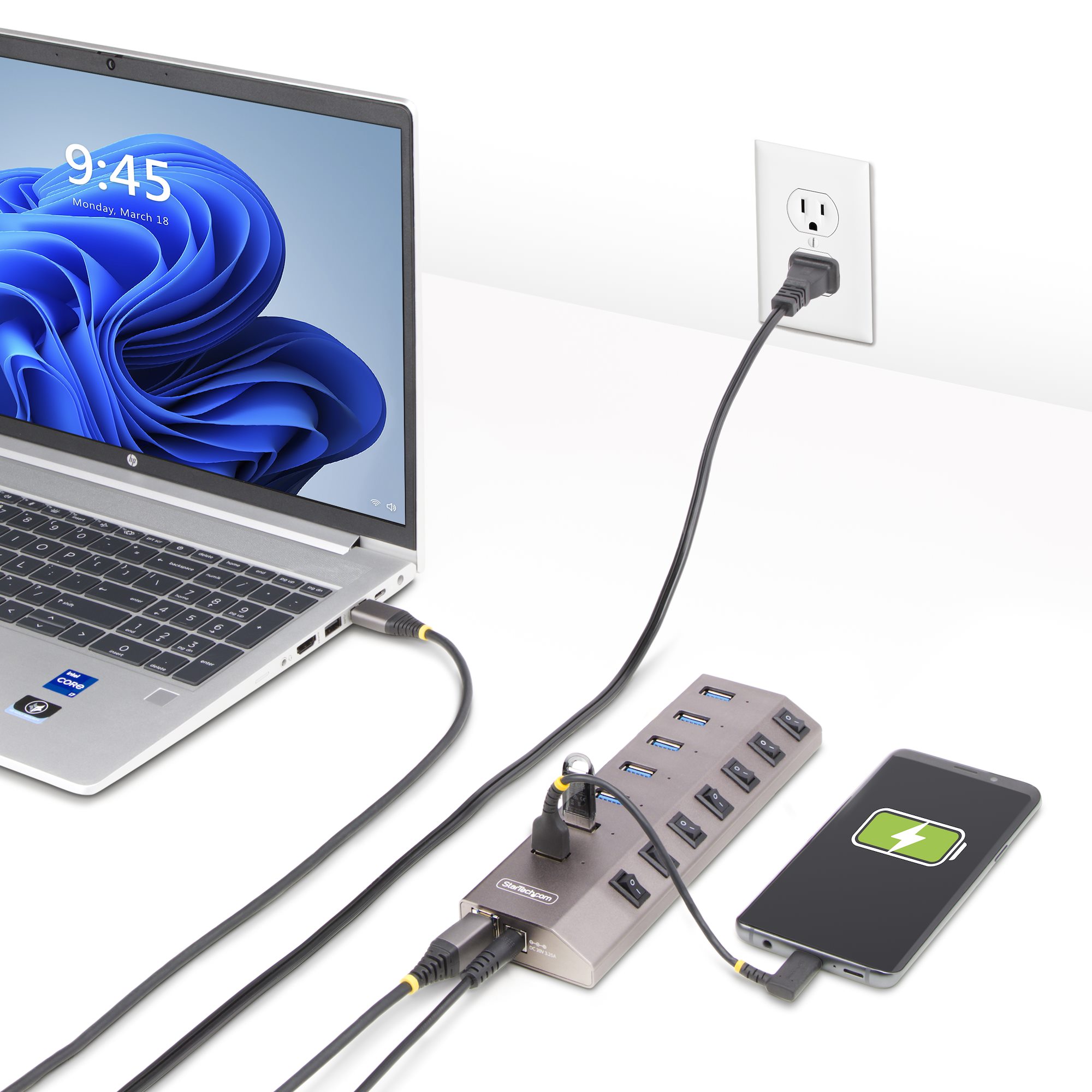 VEMONT Hub USB 3.0, 7 porte Multi Hub USB e 1 porta di ricarica intelligente USB con alimentazione 5V/3A, separatore di estensione USB con singoli interruttori on/off e cavo lungo 1,2 m