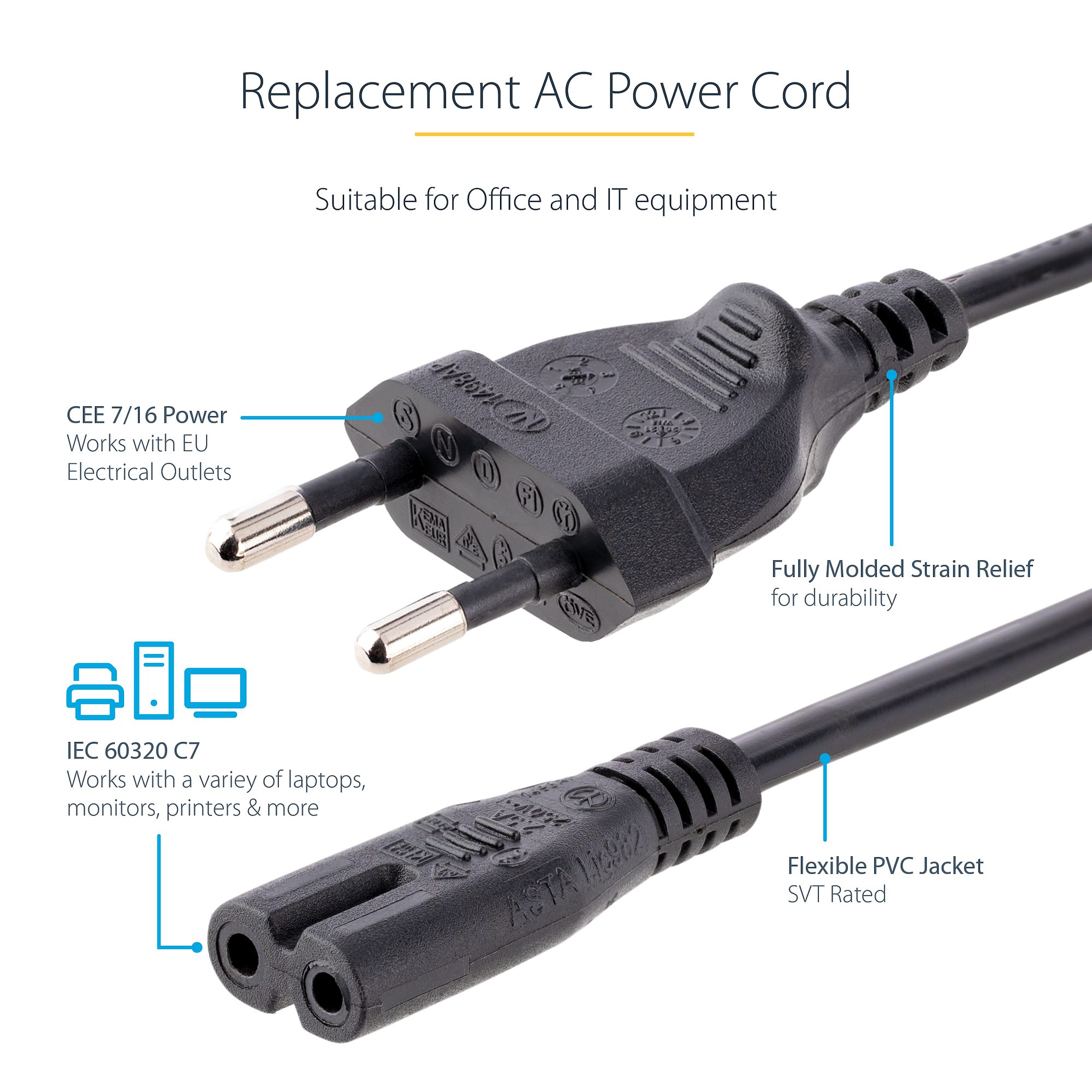 Buy 6ft 18 AWG CEE7/16 to C7 European Non Polarized Power Cord