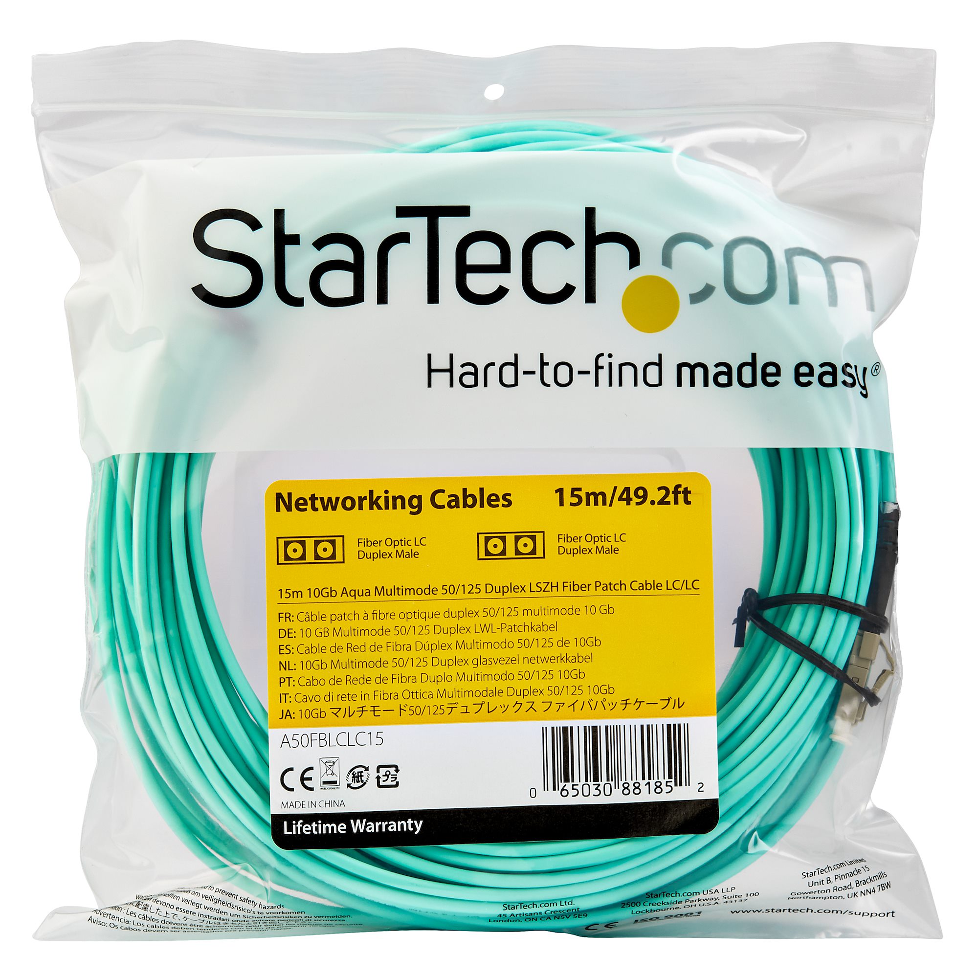 15 m OM3 LC to LC Multimode Duplex Fiber Optic Patch Cable