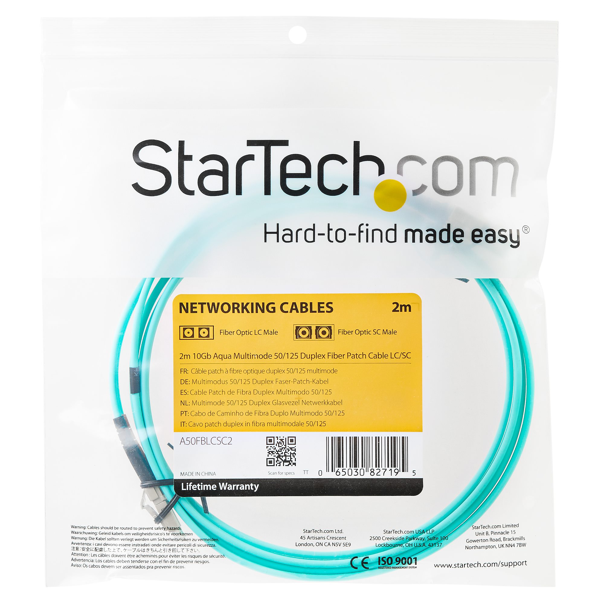 StarTech.com A50FBLCSC2 Câble patch à fibre optique LSZH duplex 50/125 multimode turquoise 10 Gb 2 m LC SC