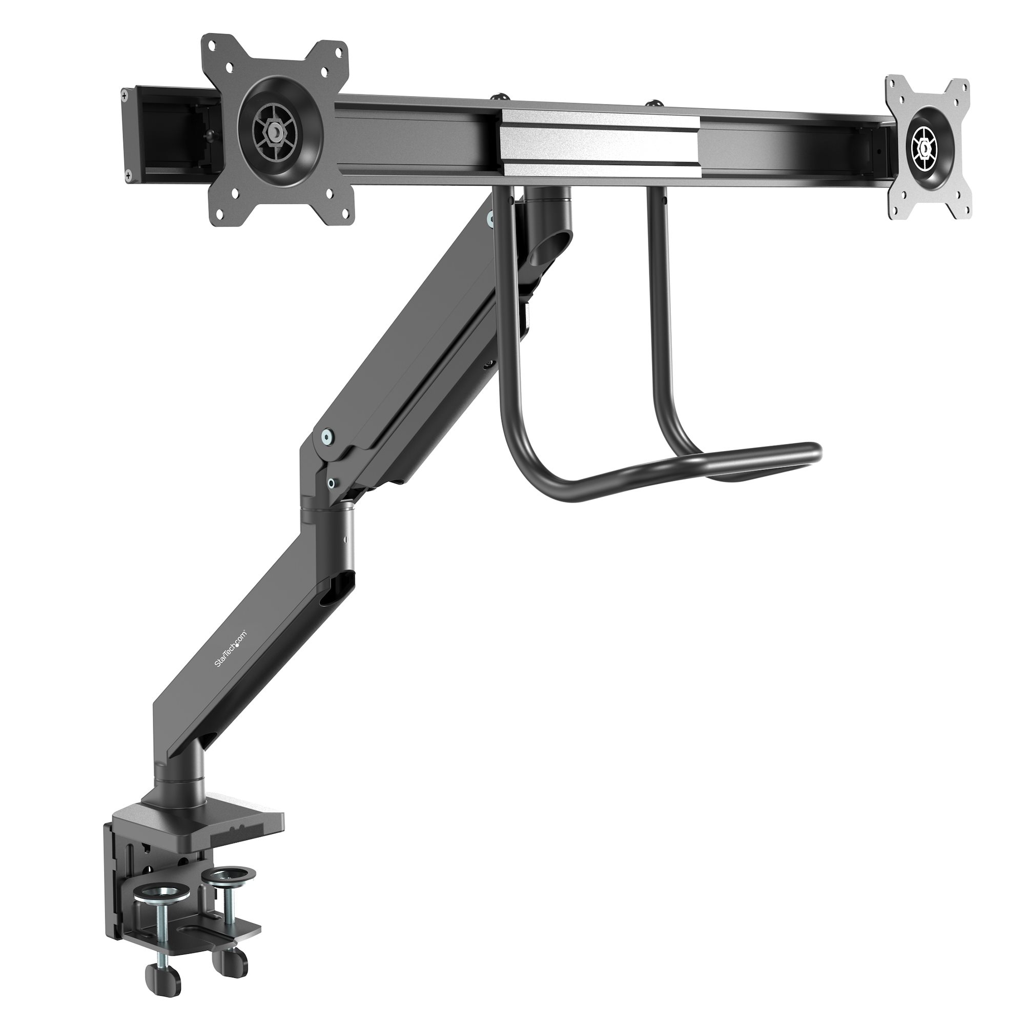 Support Double Bras Pour écran PC Et Ordinateur Portable - Bras Réglable En Hauteur Et Orientation - Compatible écrans Jusqu'à 30" Et Portables 12-17" - Argent