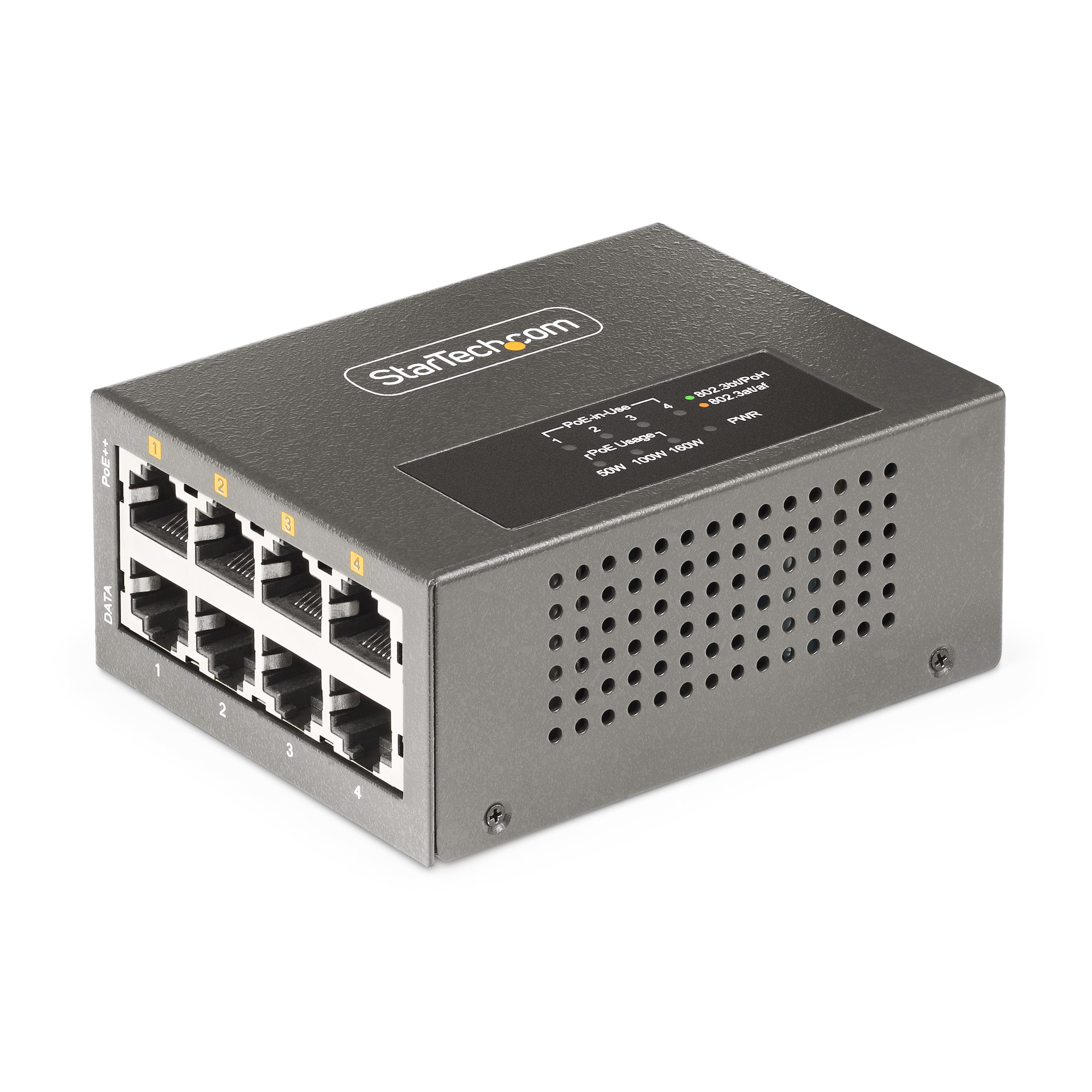 4-Port Multi-Gigabit PoE++ Injector, 5/2.5/1G Ethernet (NBASE-T),  PoE/PoE+/PoE++ (802.3af/802.3at/802.3bt), 160Watts Power Budget, Wall/DIN  Rail