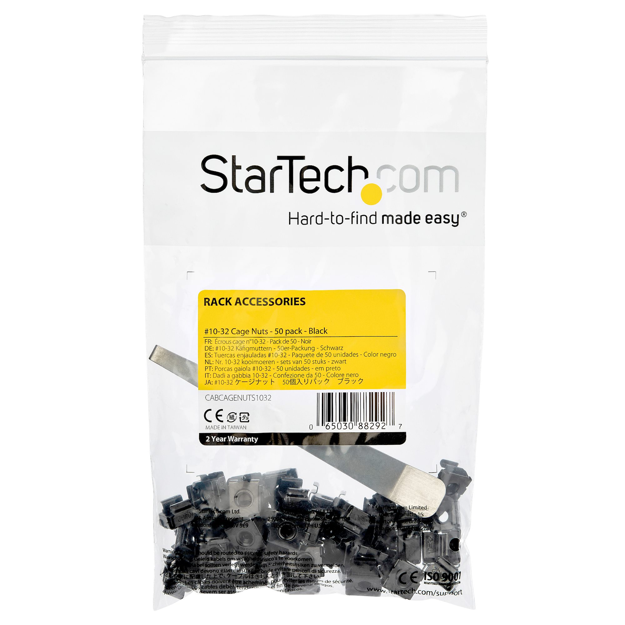 StarTech.com 50 Pack 10-32 Server Rack Cage Nuts and Screws w/Washers Rack Mount Hardware Kit Black Network/IT Equipment Cabinet Clip/Captive Nuts & Bolts for Square Holes CABSCREW1032 TAA 