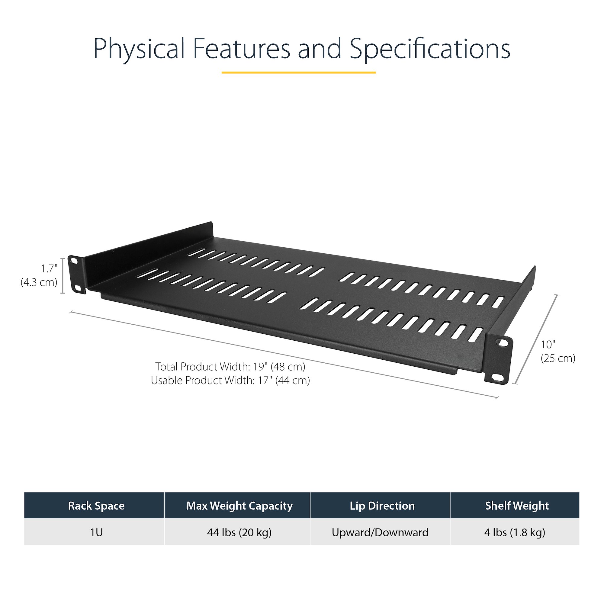 étagère équipement Réseau Acier Étagère De Rack 1U Ventilée - Profondeur Réglable 71,1-87,3 Cm - Capacité 68 Kg - Pour Serveur Plateau Rack Profondeur Réglable