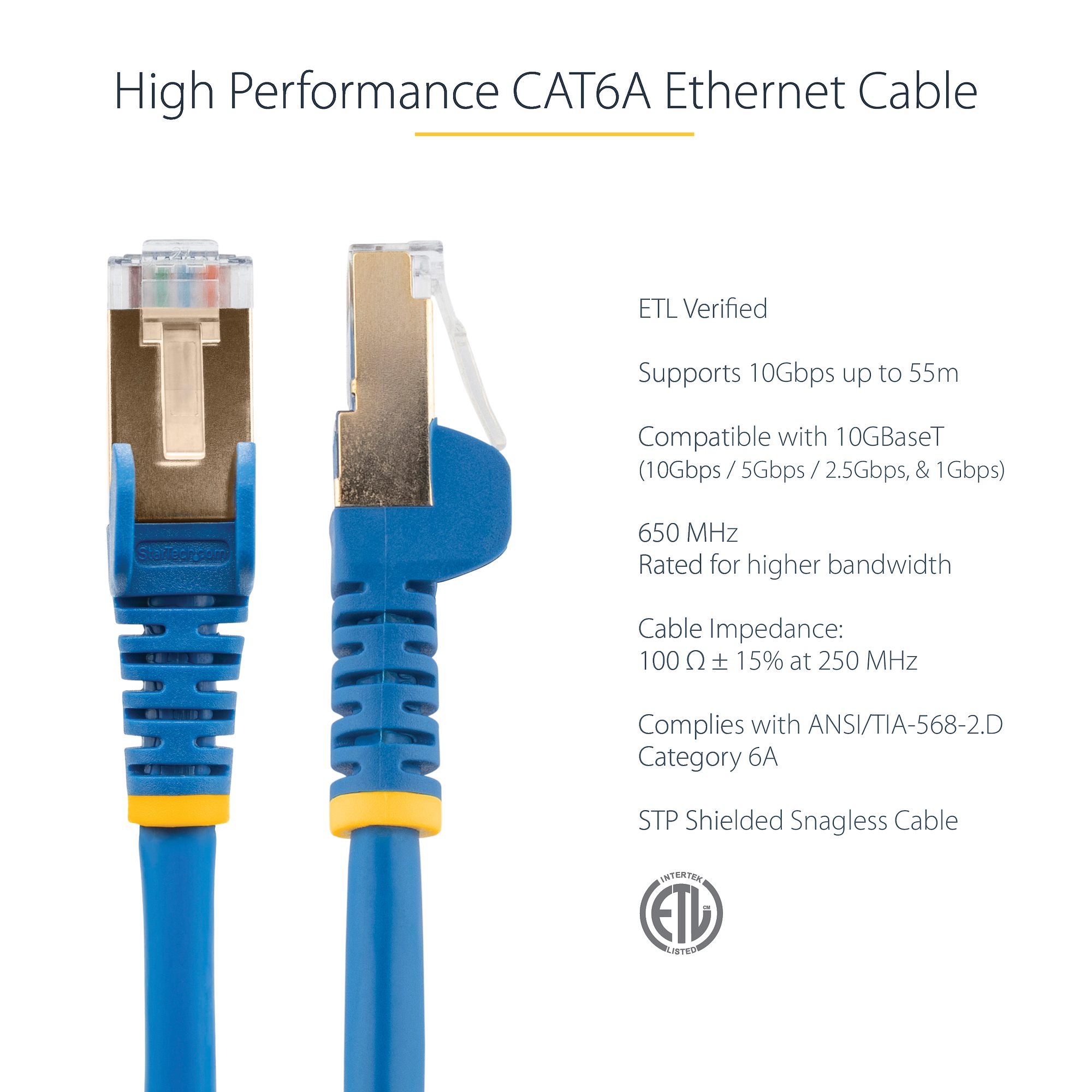 StarTech.com 3ft CAT6 Ethernet Cable - 10 Gigabit Snagless RJ45 650MHz 100W  PoE Patch Cord - CAT 6 10GbE UTP Network Cable w/Strain Relief - Blue -  Fluke Tested/Wiring is UL Certified/TIA 