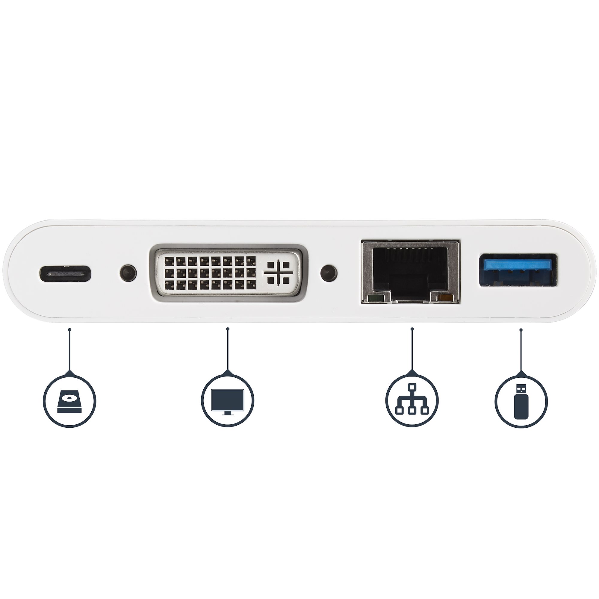 マルチポートアダプター／USB-C接続／シングルモニター／DVI-D (Digital)／60W USB PDパススルー／1x  USB-A／イーサネット／14cm ケーブル一体型／各種OS対応／ホワイト／Type C ドッキングステーション／多機能 ハブ