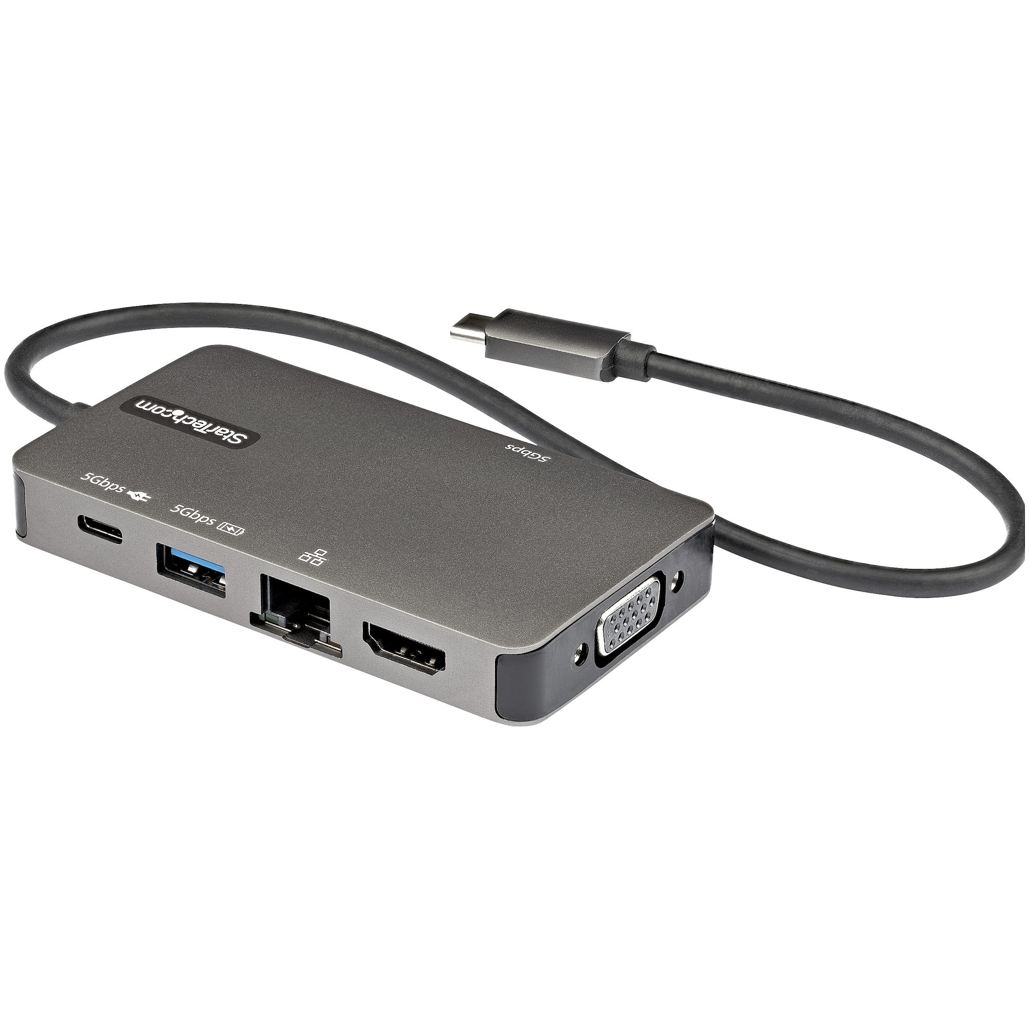 マルチポートアダプター／USB-C接続／シングルモニター／4K30Hz HDMI または VGA／100W USB PDパススルー／2x USB-A  + 1x USB-C／イーサネット／30cm 一体型ケーブル／各種OS対応／スペースグレー／Type C ドッキングステーション／多機能 ハブ