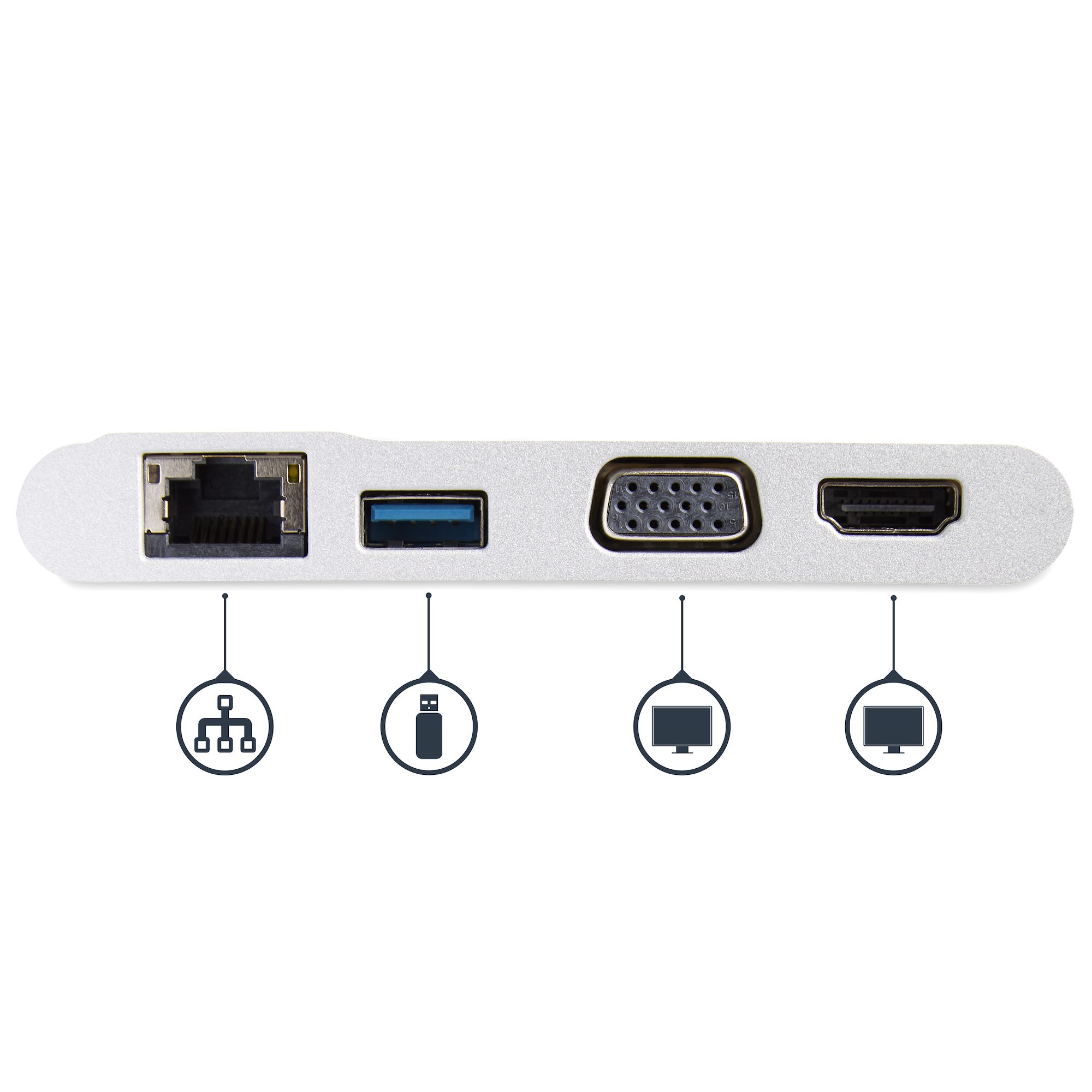 USB Type-Cマルチ変換アダプター／USB-Cマルチハブ／ホワイト／4K HDMI または 1080p VGA／1ポートUSB-A  3.0ハブ／ギガビット有線LAN／Thunderbolt 3 & タイプC対応トラベルドック