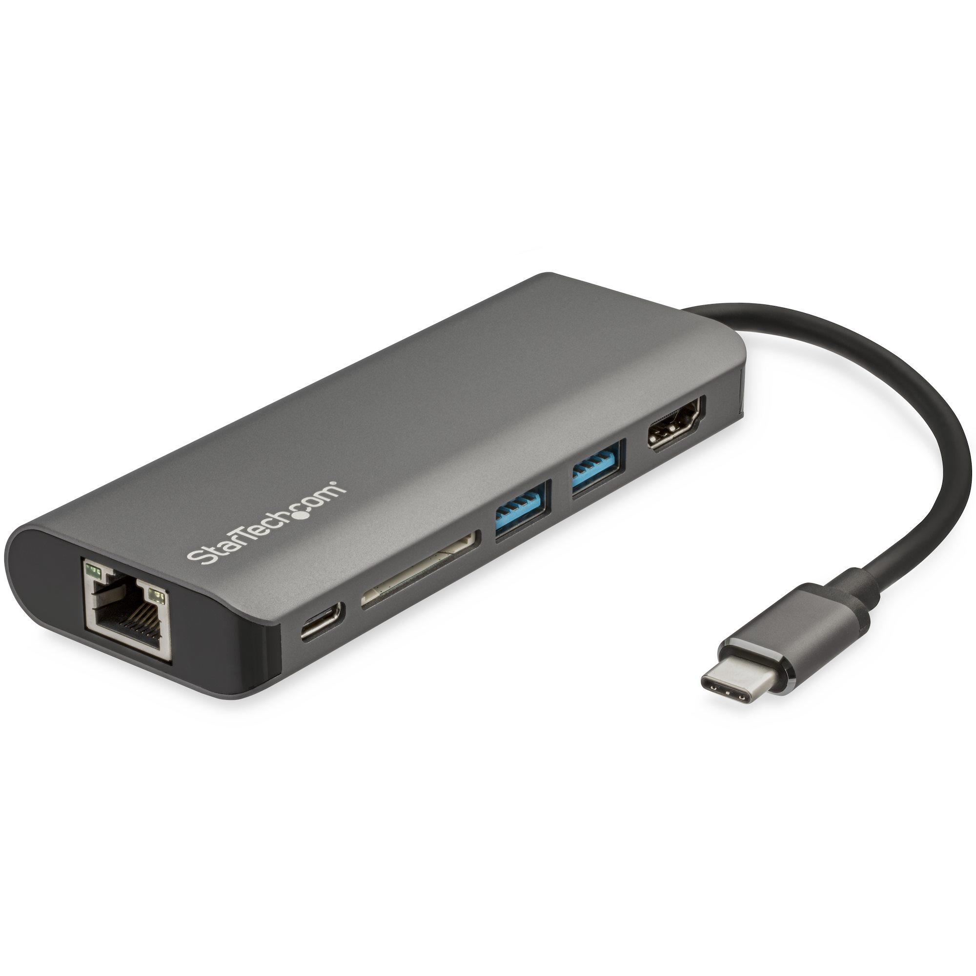 マルチポートアダプター／USB-C接続／シングルモニター／4K30Hz HDMI／60W USB PDパススルー／3x  USB-A／イーサネット／SD/SDHC／15cm ケーブル一体型／各種OS対応／スペースグレー／Type C ドッキングステーション／多機能 ハブ