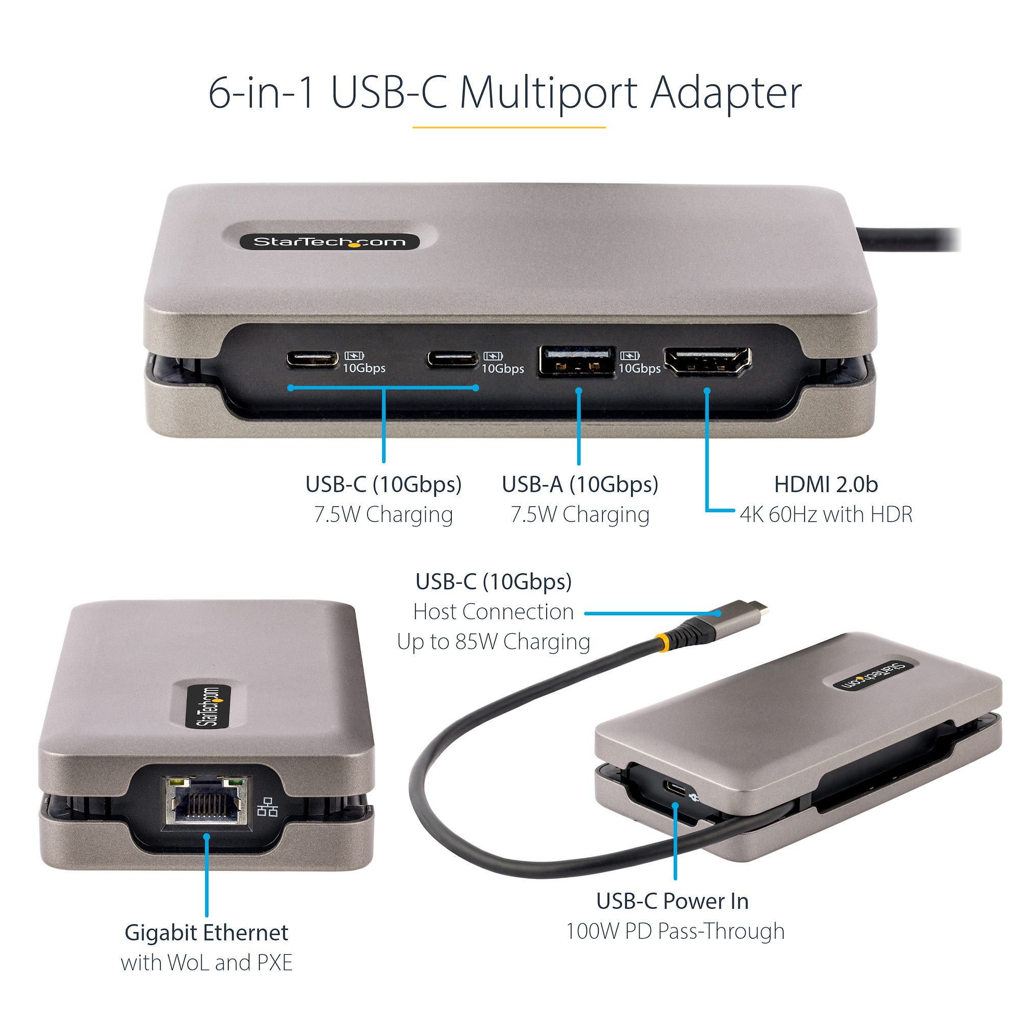 USB-C Multiport Adapter, 4K 60Hz HDMI, HDR - 2-Port 5Gbps USB 3.0 Hub, 100W  Power Delivery Pass-Through, GbE, USB Type C Mini Docking Station