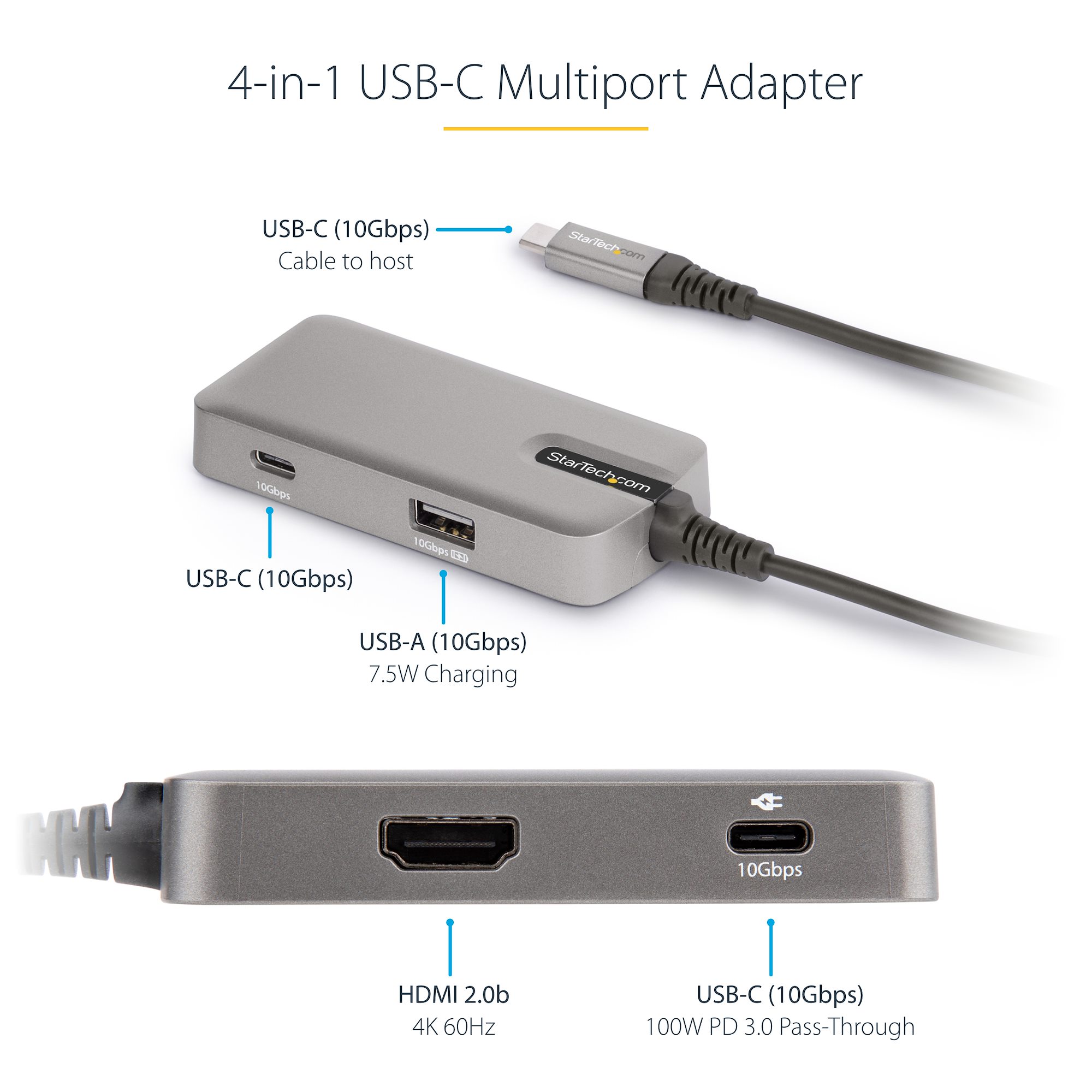 USB C Multiport Adapter - USB-C to 4K 60Hz HDMI 2.0, 100W Power Delivery  Pass-through - 3-Port 10Gbps USB Hub - Portable USB Type-C Mini Docking