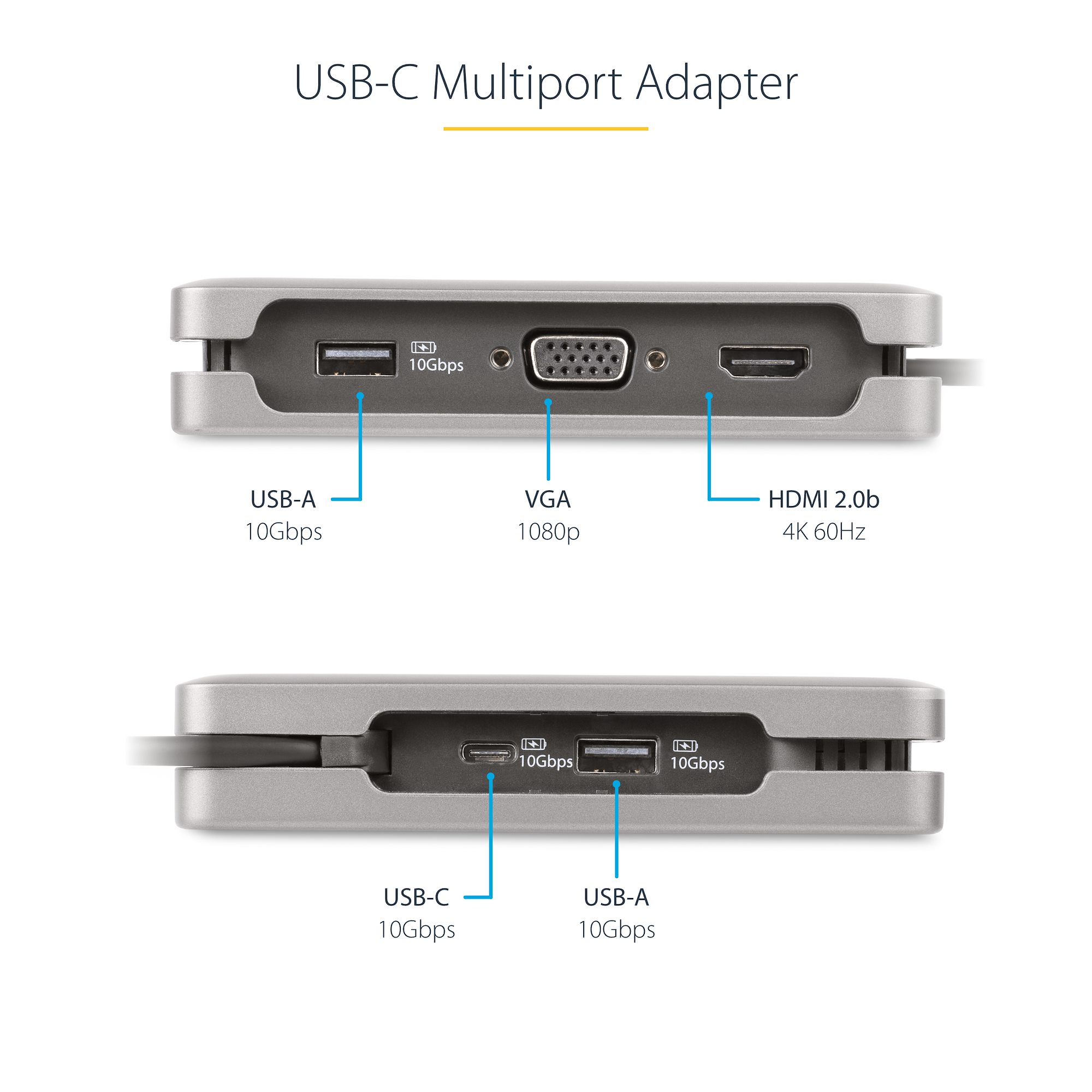 マルチポートアダプター／USB-C接続／シングルモニター／4K60Hz HDMI 2.0bまたは1080p VGA／100W USB  PDパススルー／2x USB-A + 1x USB-C／ギガビットイーサネット（LAN）／32cmケーブル／Type-C  ドッキングステーション／マルチ 変換
