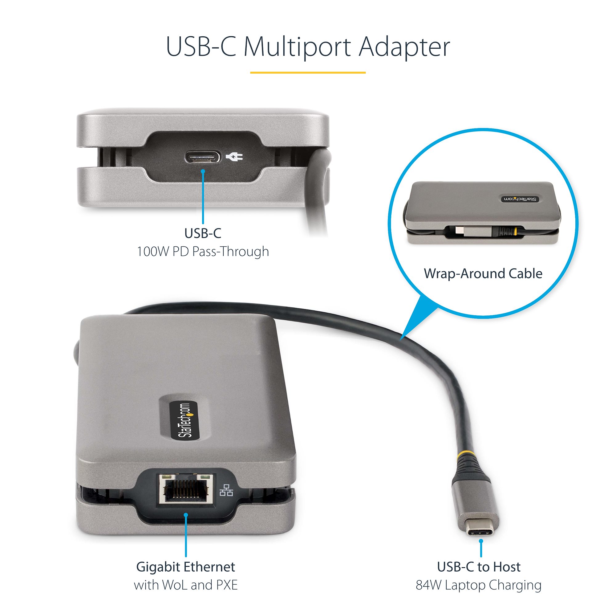マルチポートアダプター／USB-C接続／シングルモニター／4K60Hz HDMI 2.0bまたは1080p VGA／100W USB  PDパススルー／2x USB-A + 1x USB-C／ギガビットイーサネット（LAN）／32cmケーブル／Type-C  ドッキングステーション／マルチ 変換