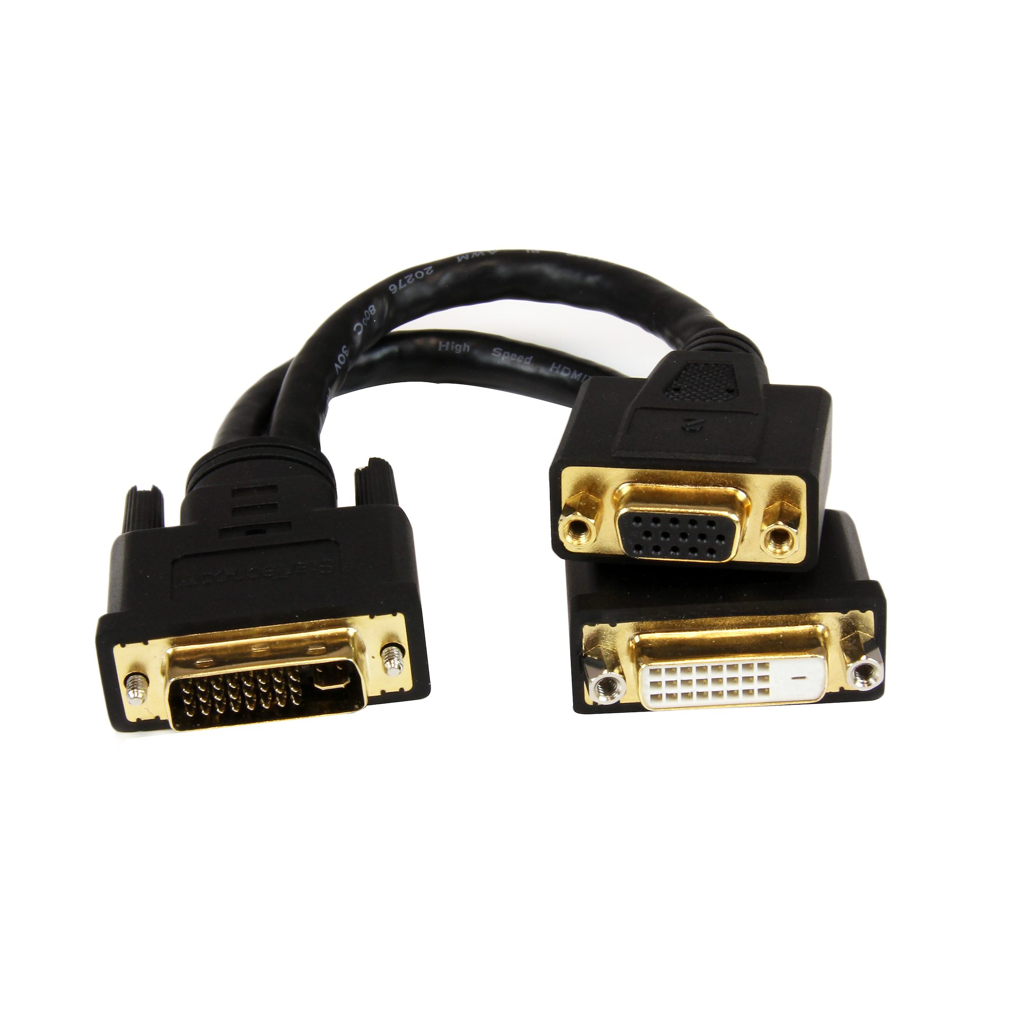 20cm DVI-I/オス - DVI-D/メス + HD15 VGA/メス 2分岐スプリットケーブル Wyse端末機対応分配ケーブル