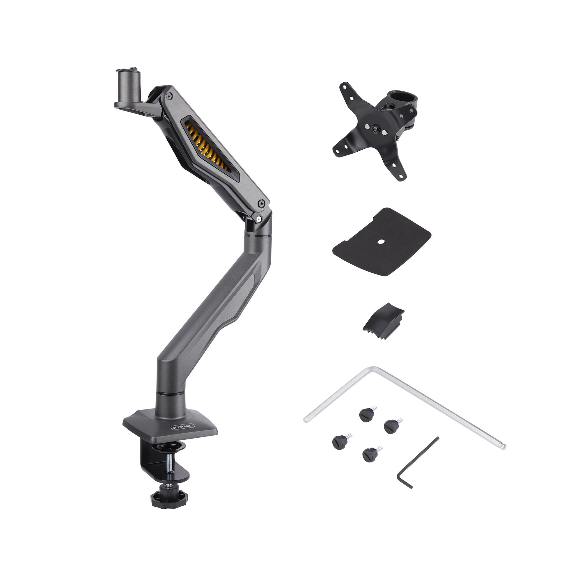 最大32インチモニター、耐荷重10kg、VESA対応、Cクランプ固定式。高さ