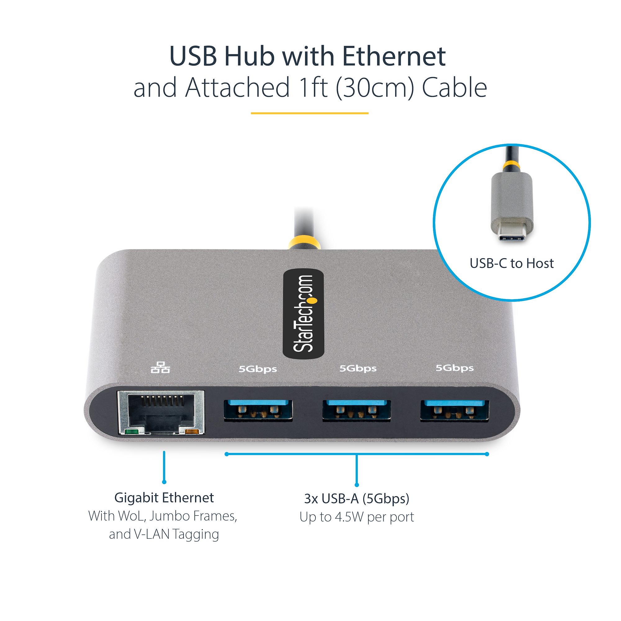 Hub USB-C à 3 ports avec Ethernet - 3x USB-A - USB 3.0 5Gbps - Alimentation  par Bus - Hub USB Thunderbolt 3 - Adaptateur USB C Ethernet - Splitter