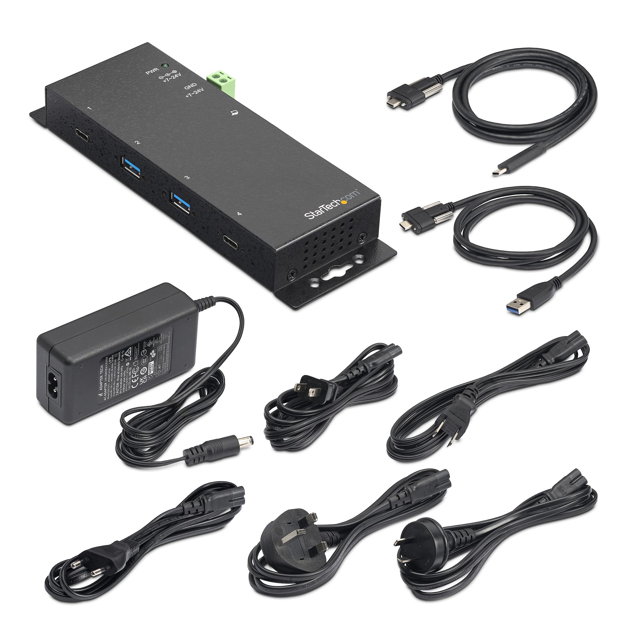 4 Port USB C Hub 10Gbps - Metal Industrial USB-C Hub - 2x USB-C