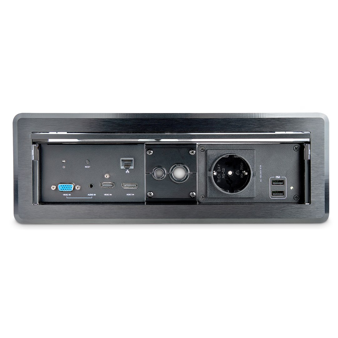 Conference Table Box for AV Connectivity & Power/Charging - 4K HDMI output  with HDMI, DP, & VGA Inputs, GbE, Audio - Charging Station w/ 2x USB-A & 1x 