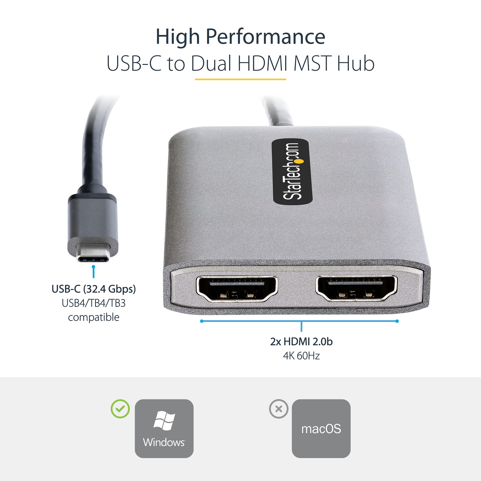 StarTech.com Hub Concentrador MST USB-C a 2 Puertos HDMI - HDMI Doble de 4K  a 60Hz - Adaptador Multimonitor USB Tipo C con Ca