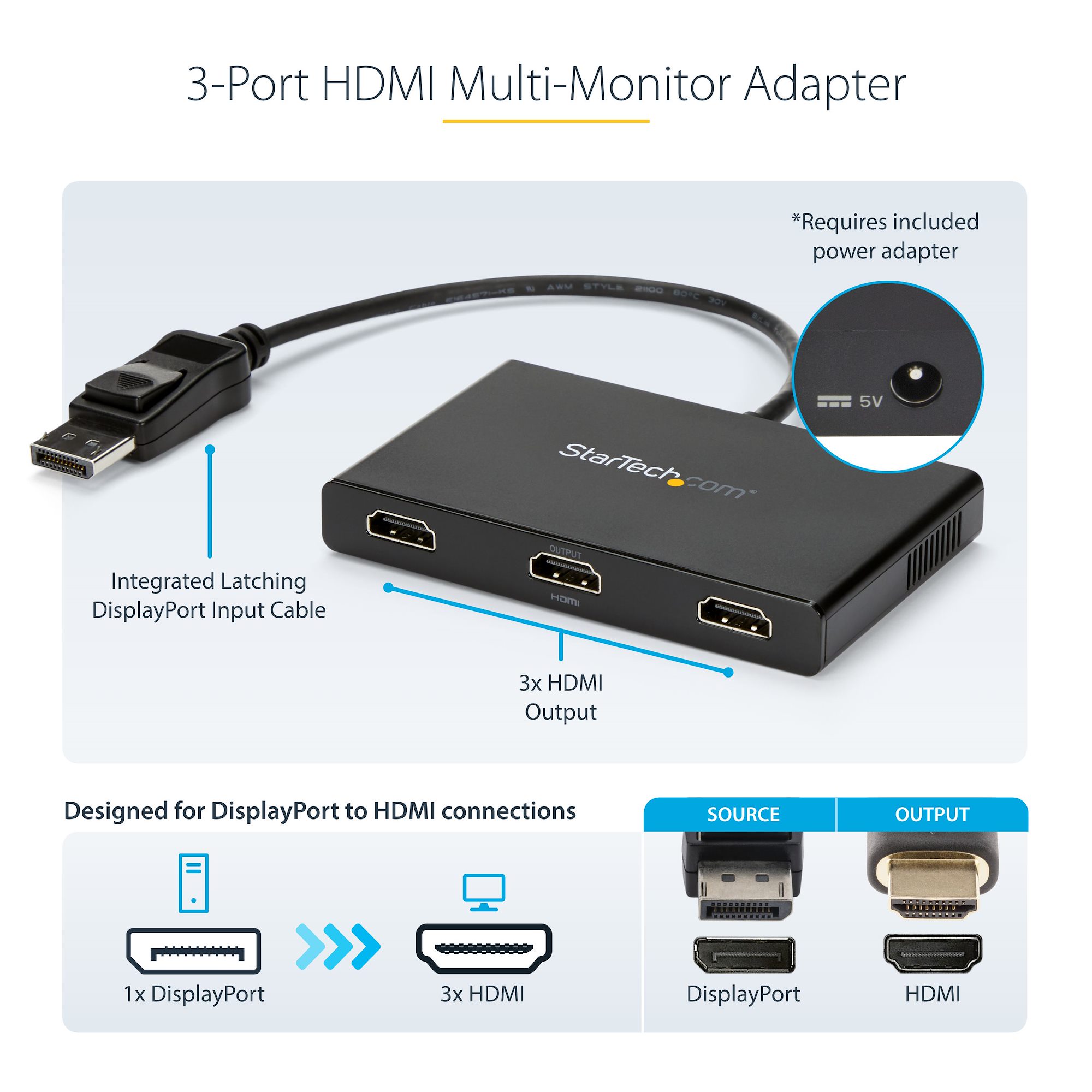 StarTech.com Adaptateur Multi-Moniteur 3 Ports - Hub MST DP 1.2 vers 3x  HDMI - Triple Moniteurs HDMI 1080p - Mode d'Affichage Étendu ou Cloné 