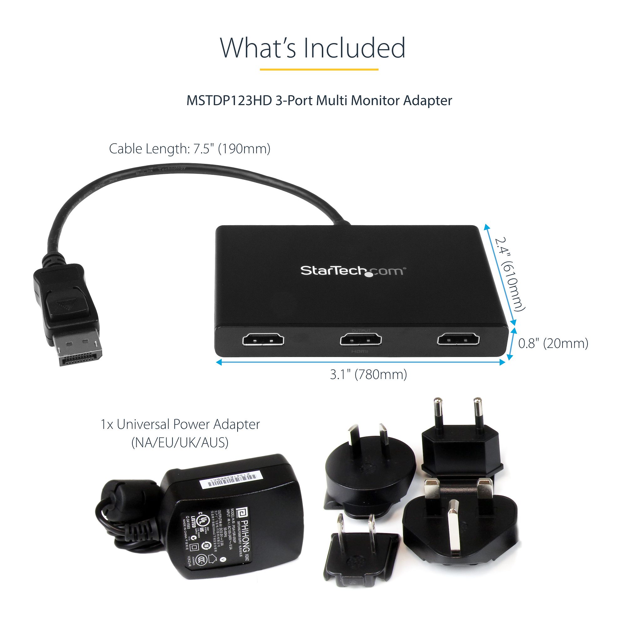  StarTech.com 3-Port Multi Monitor Adapter - DisplayPort 1.2 to  3x HDMI MST Hub - Triple 1080p HDMI Monitors - Extended or Cloned Display  mode - Windows PCs Only - DP to