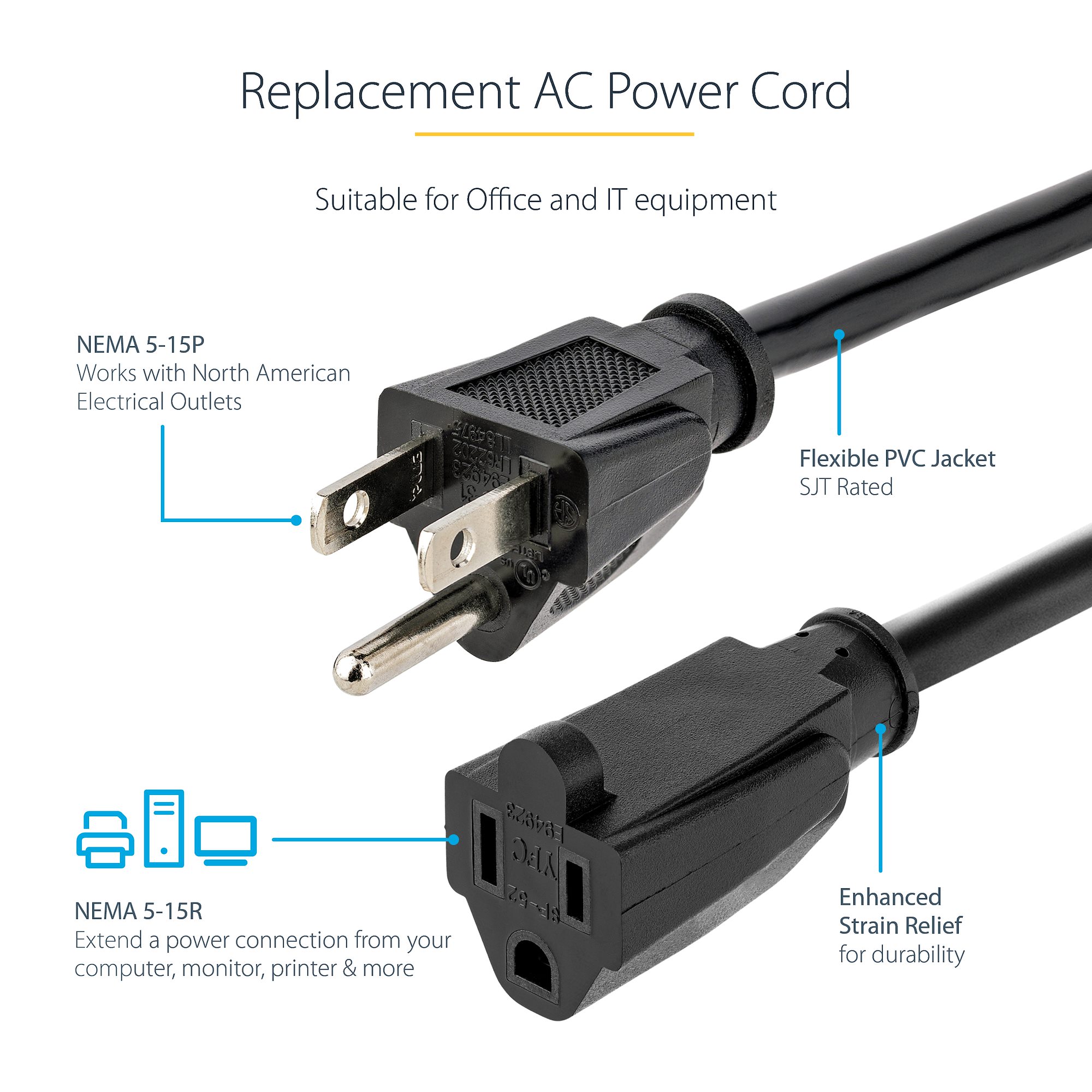 Wennow 10-Pack 1-Foot 16AWG Short Power Extension Cords – 13A/125V, 3-Prong NEMA 5-15R, Black