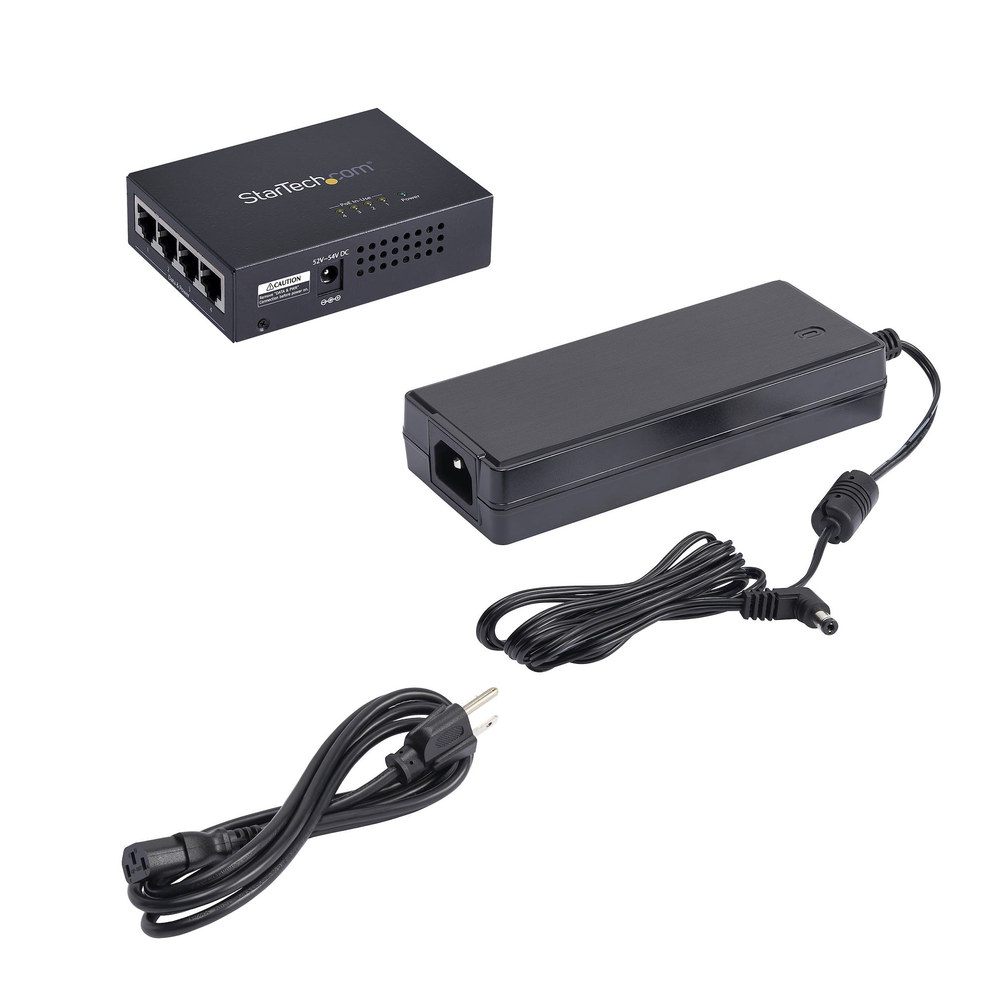 Deliver power and data to four Power over Ethernet devices using