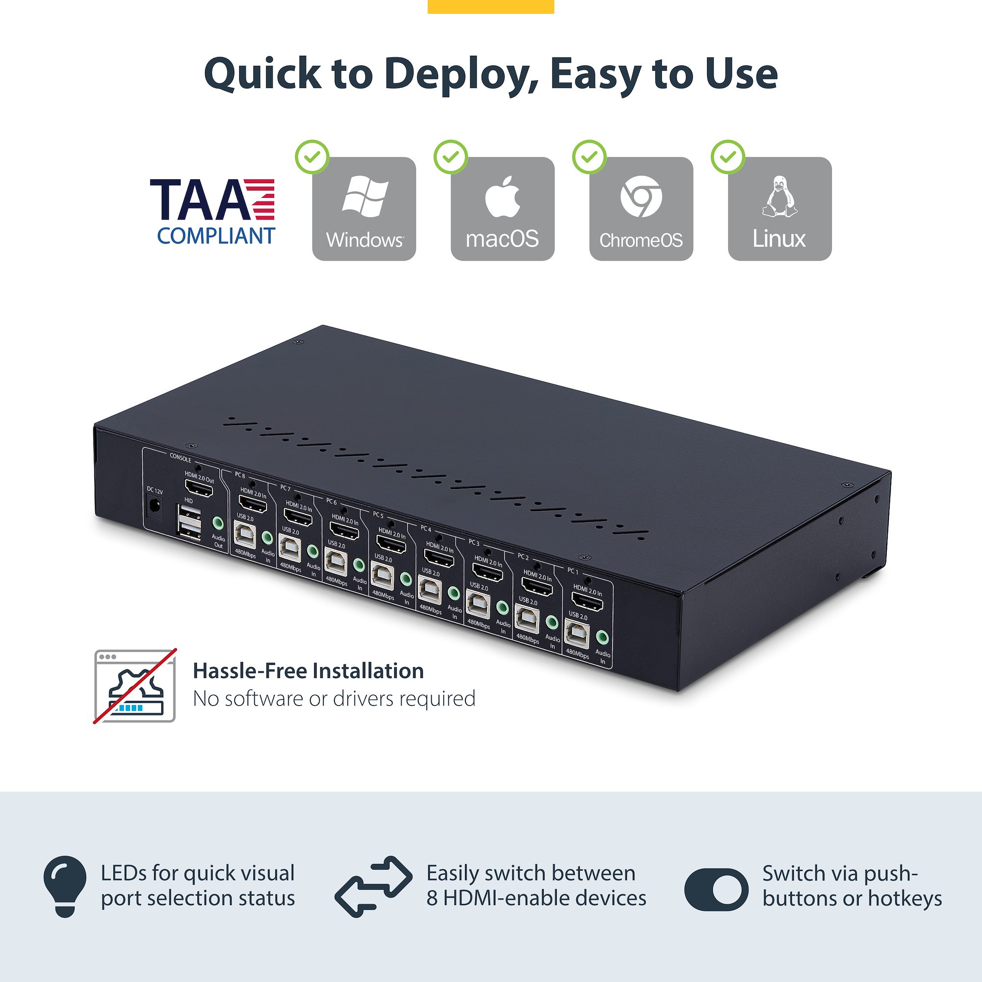 8-Port HDMI KVM Switch with 1U Rack Mount Kit, 4K 60Hz HDMI 2.0