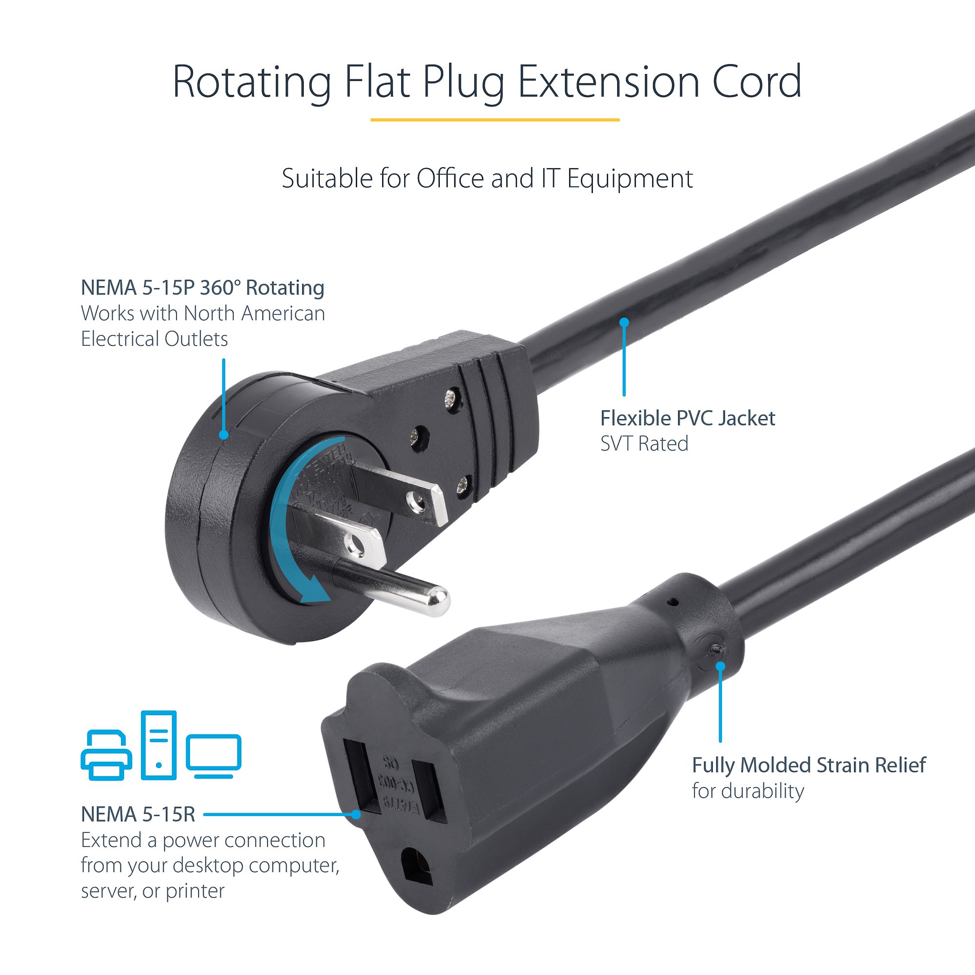 3ft Power Extension Cord - Rotating Plug - Computer Power Cables