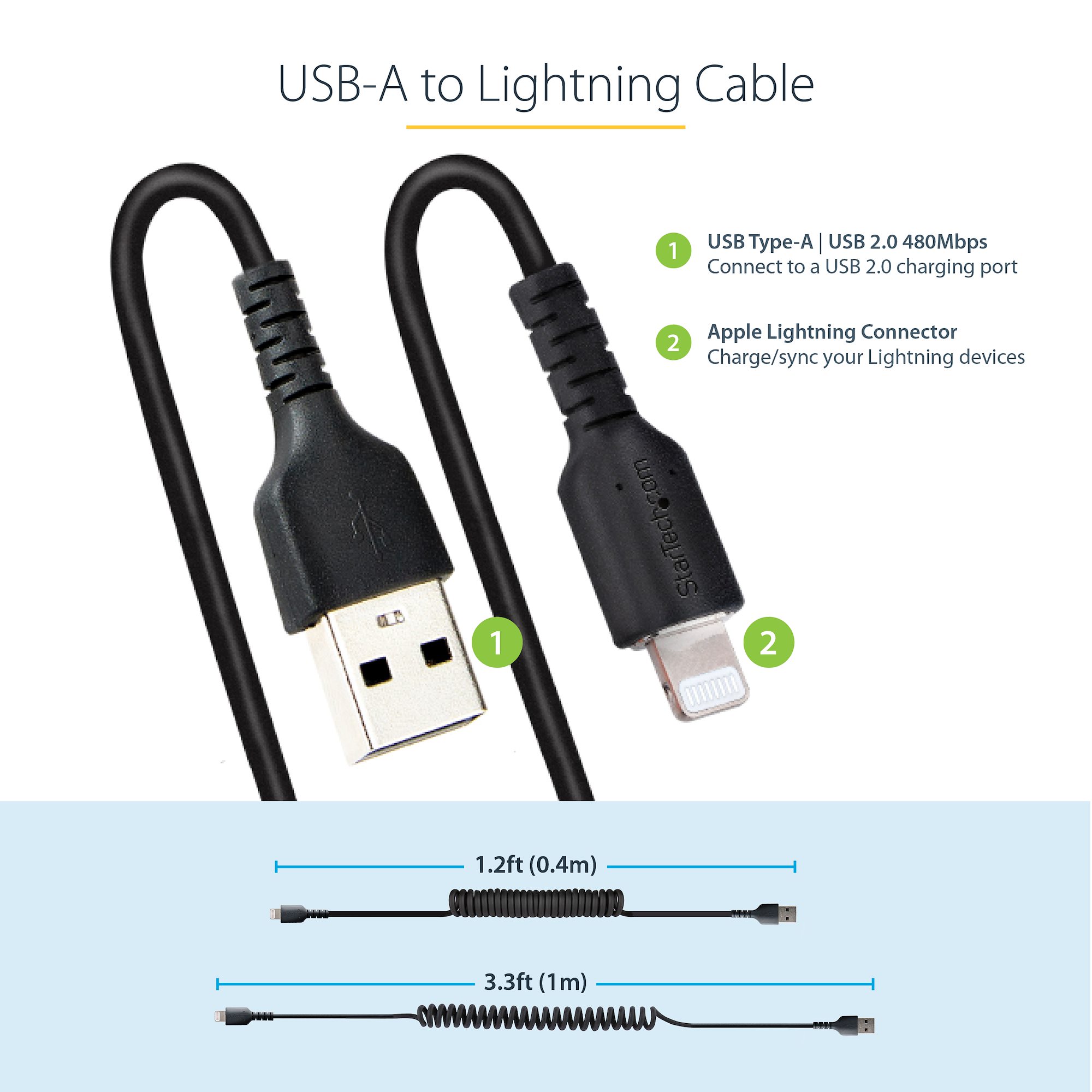 高耐久Lightning - USB-Aケーブル 1m コイル（伸縮）型／ブラック／アラミド繊維補強／MFi認証／iPhone充電ケーブル／  Apple （アップル）充電 ライトニング- USB 変換ケーブル／カールコード