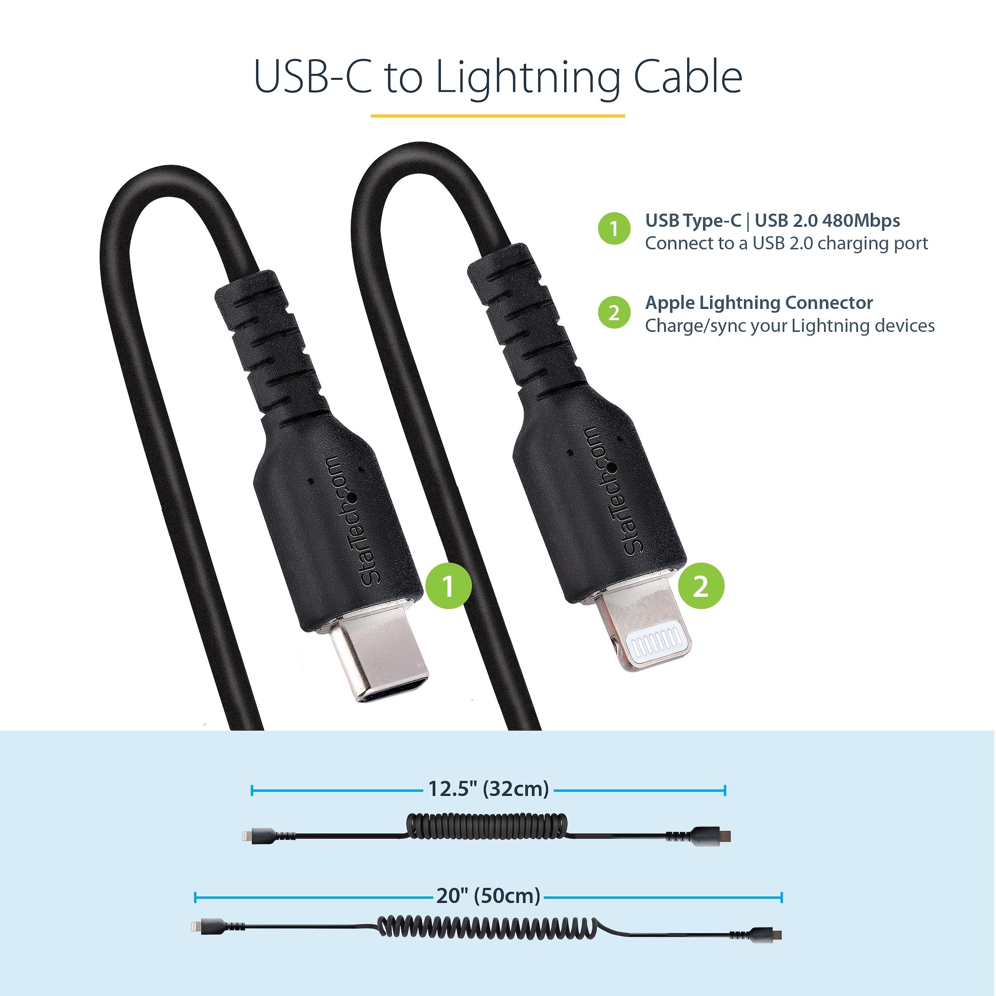 StarTech.com 20in (50cm) USB C Charging Cable, Coiled Heavy Duty Fast  Charge & Sync USB-C Cable, USB 2.0 Type-C Cable, Rugged Aramid Fiber,  Durable