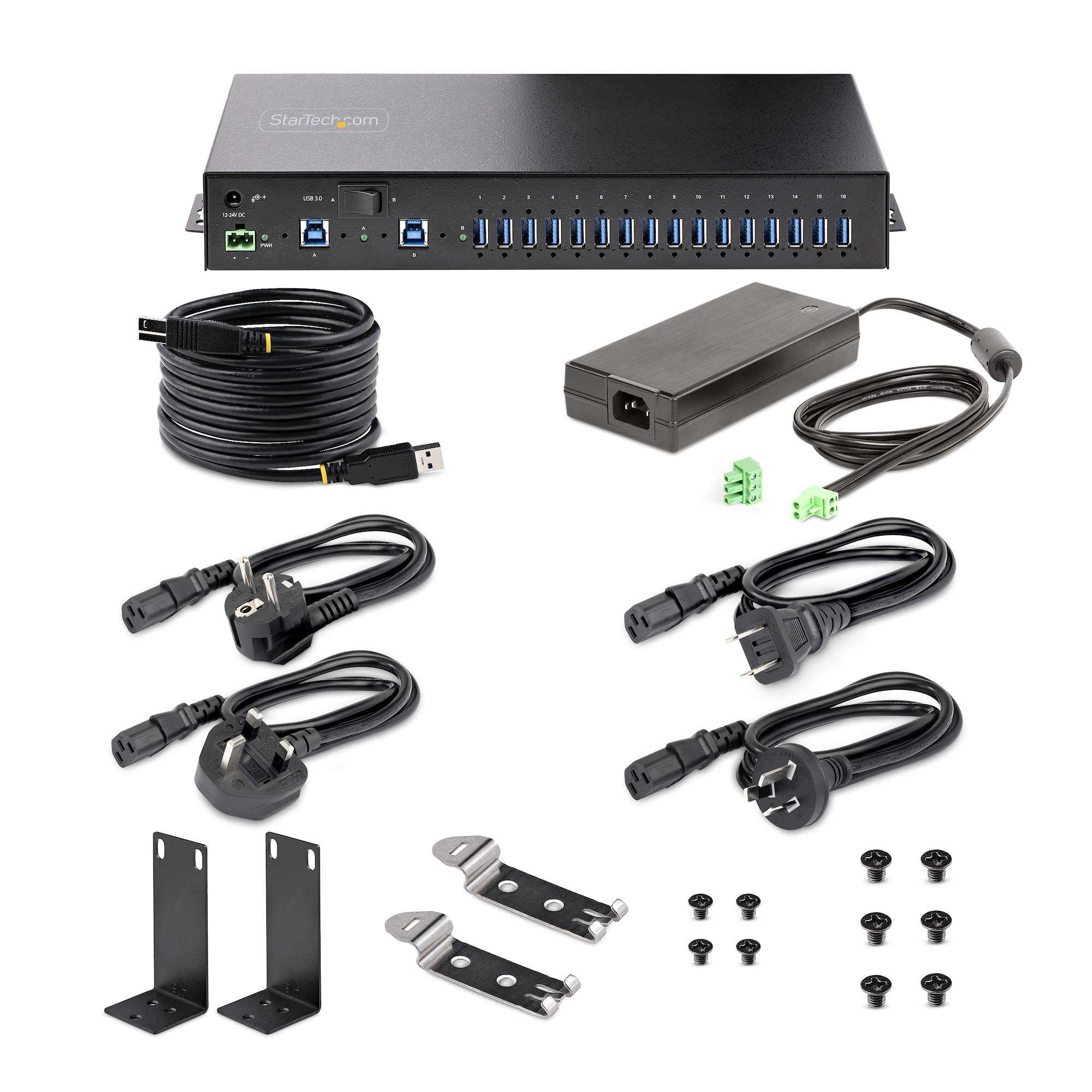16-Port Industrial USB 5Gbps Hub with Power Adapter, Metal