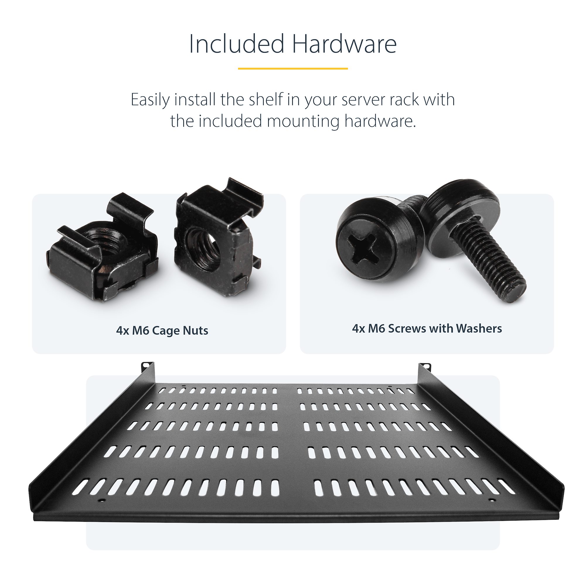 Add a sturdy, 1U server rack shelf into almost any rack or cabinet